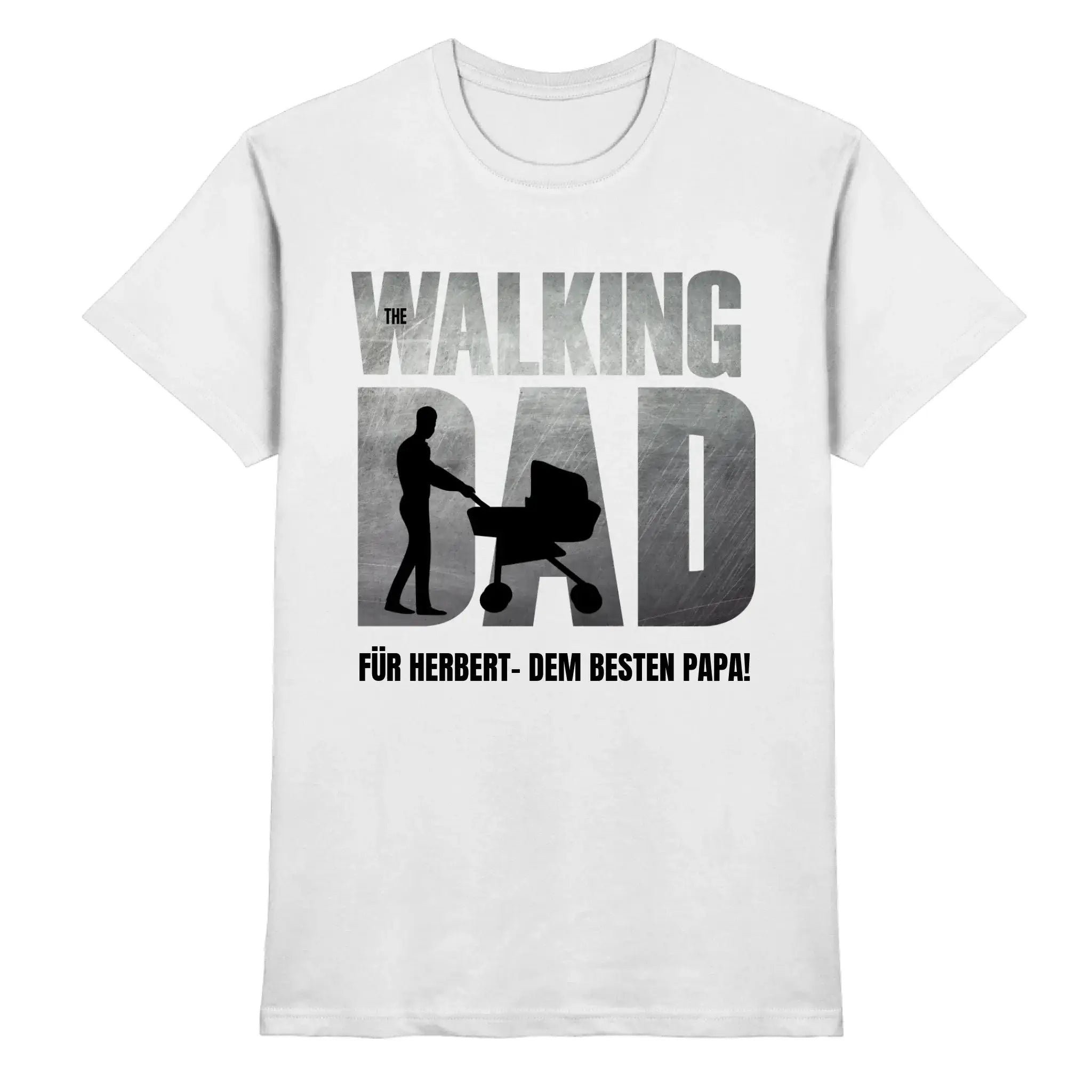 Weißes baumwoll t shirt von father galaxy mit grauem und schwarzem motiv ein silhouette schiebender kinderwagen the walking dad text