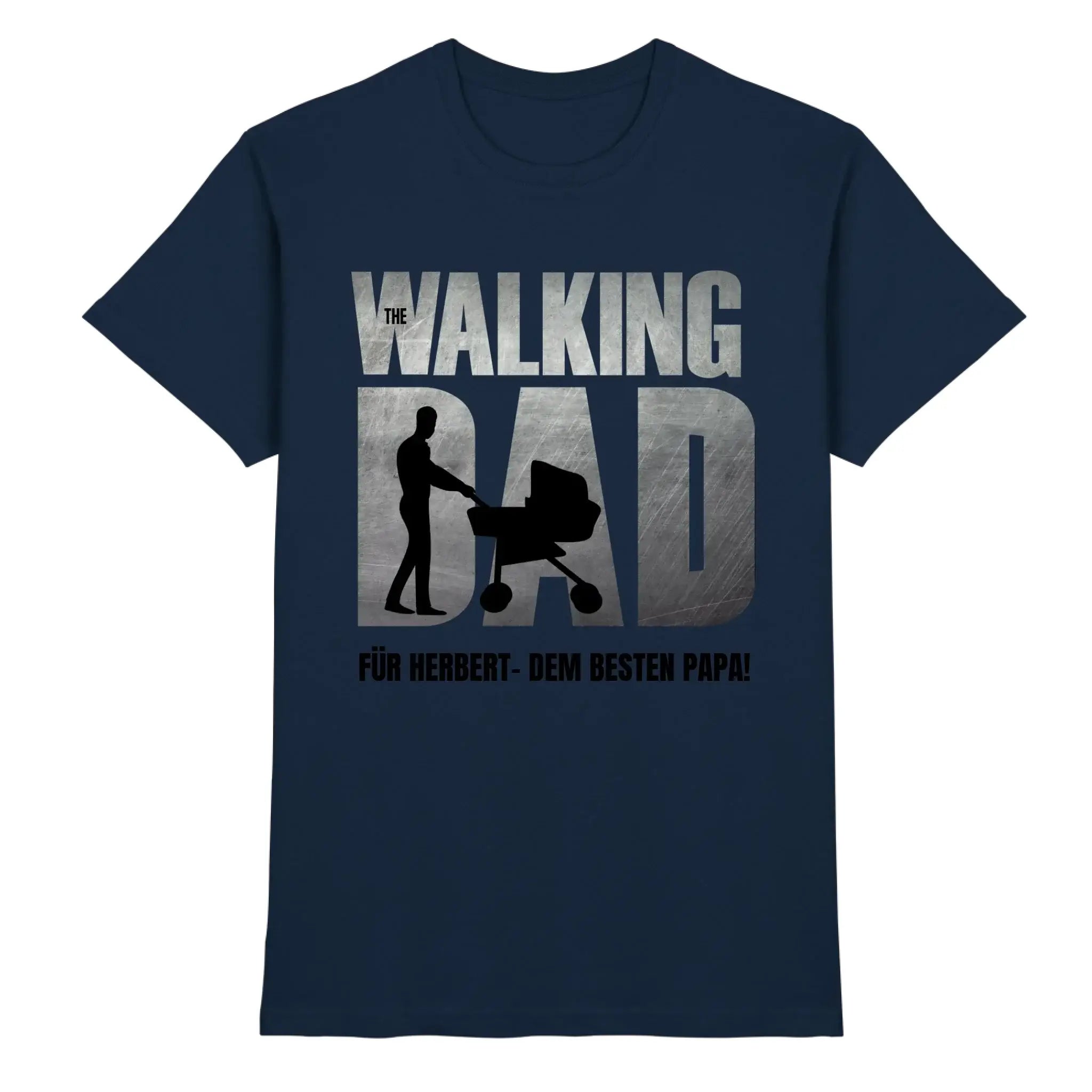 Navyblaues t shirt mit grafik the walking dad in silber und motiv mann mit kinderwagen aus der statement collection vatertag