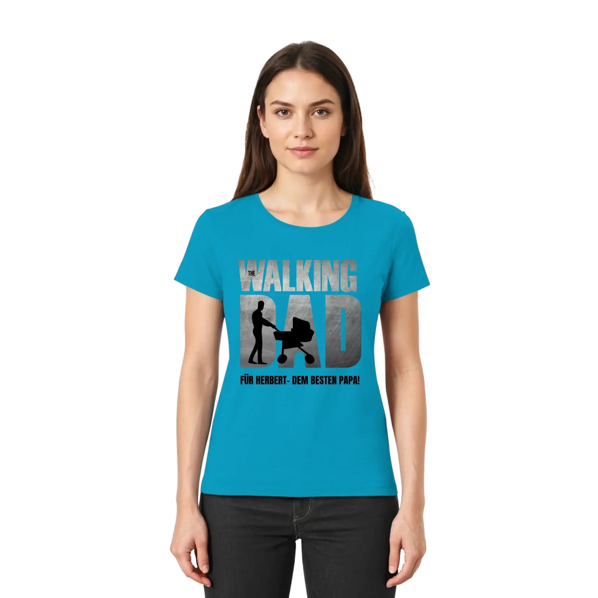 Vibrantes türkises kurzarmshirt mit grafik the walking dad und silhouette mit kinderwagen von father galaxy vatertagshirt