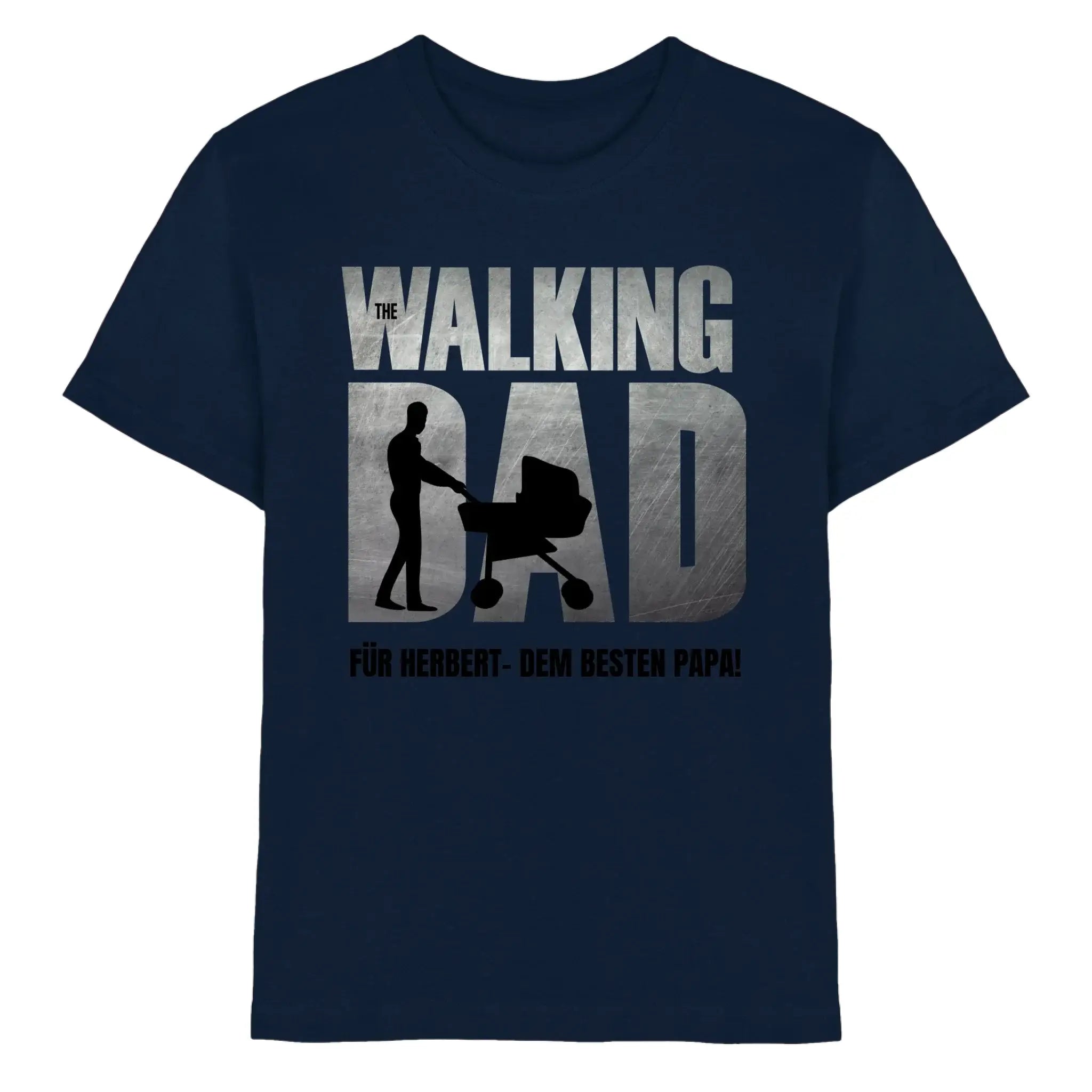 Navy blaue baumwoll t shirt mit metallischem silber grafik the walking dad und deutscher text vatertag design