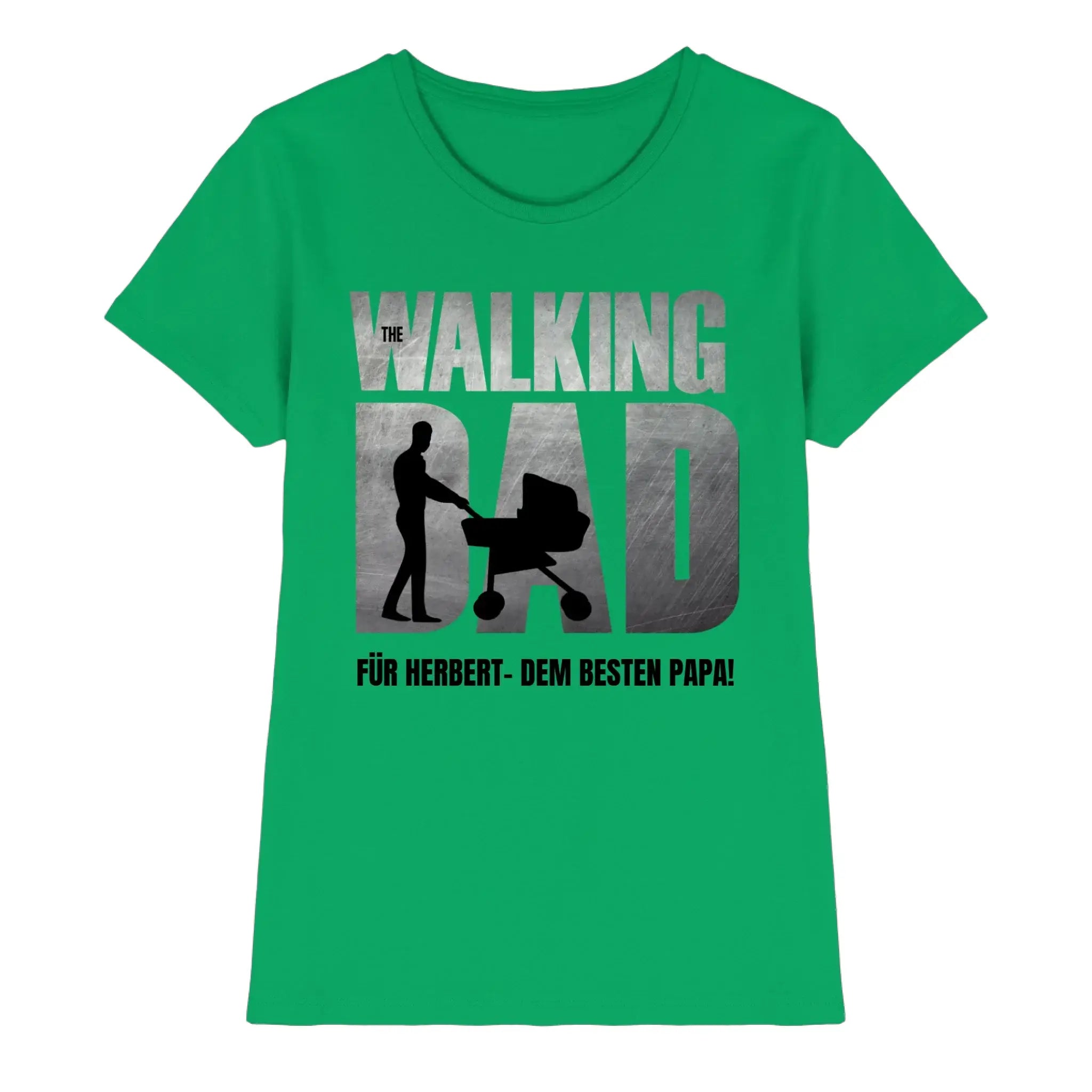 Vibrantes grünes damen t-shirt father galaxy mit metallisch silbernem the walking dad grafik und vatertagsmotiv