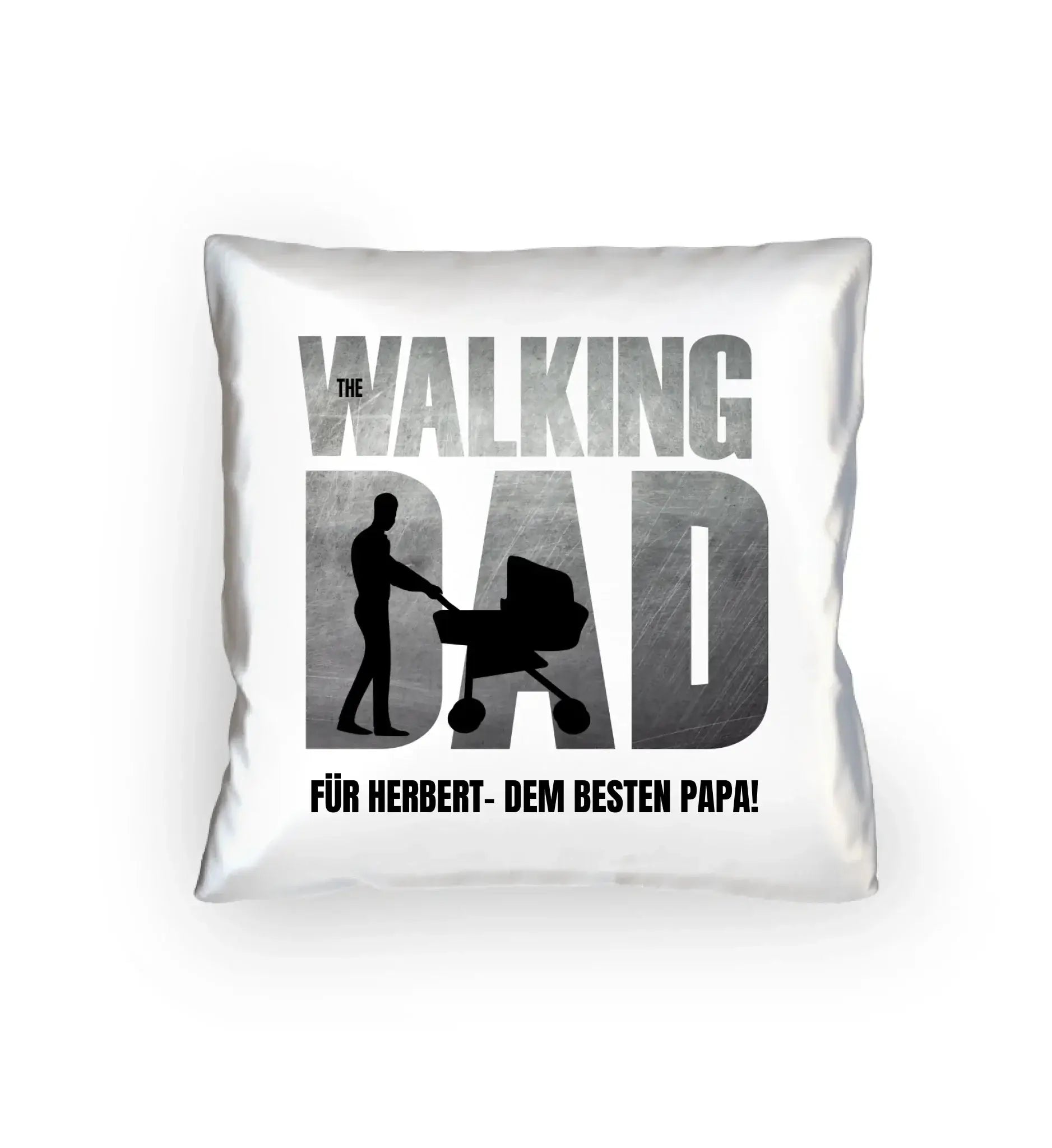 Weißer dekorativer kissenbezug mit schwarzer silhouette eines manns der kinderwagen schiebt und the walking dad schriftzug
