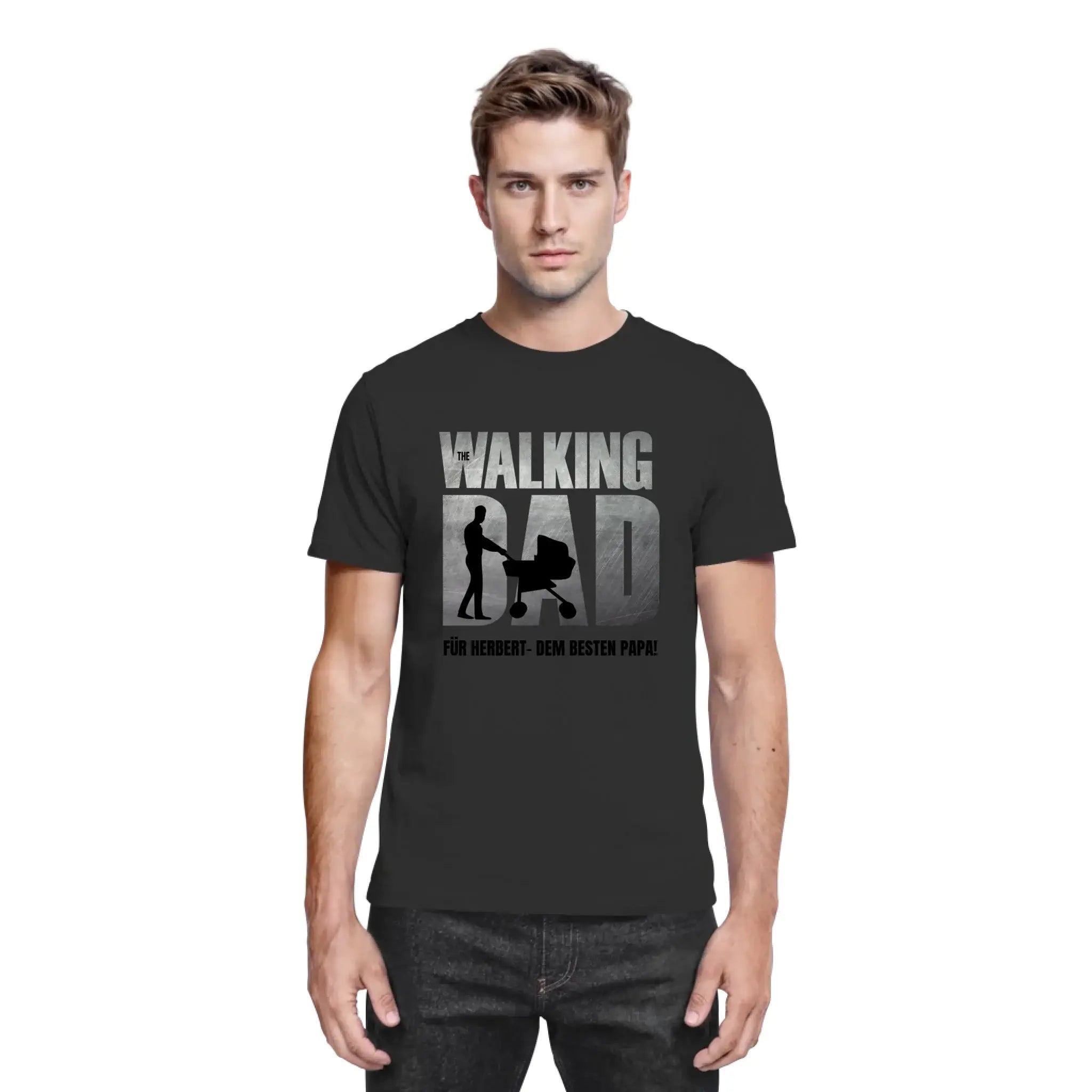 Schwarzes kurzarmshirt mit grauem und schwarzem walking dad motive vatertag bester papa wunschtext