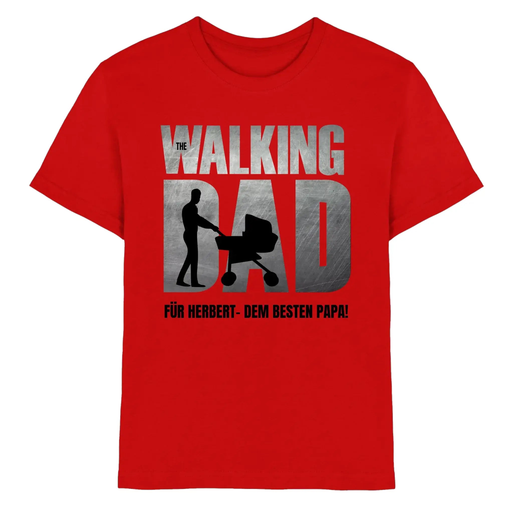 Rotes baumwoll t shirt mit metallischem the walking dad print und silhouette eines mannes mit kinderwagen vatertag