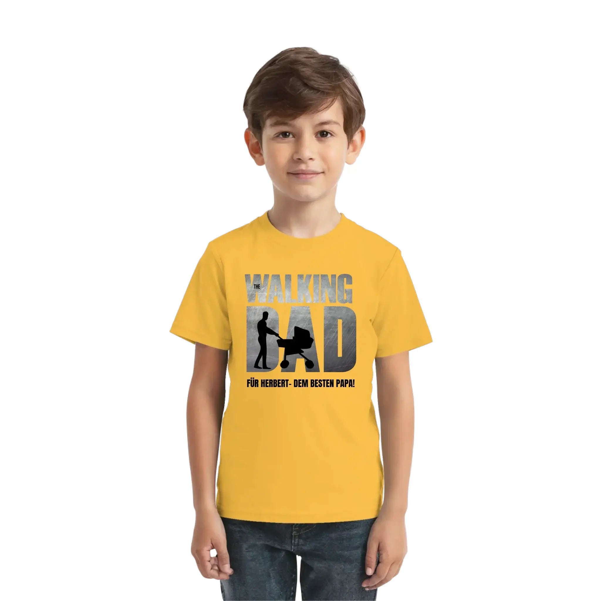 Gelbes kurzarmshirt mit grafik the walking dad und vater mit kinderwagen aus der father galaxy vatertag kollektion