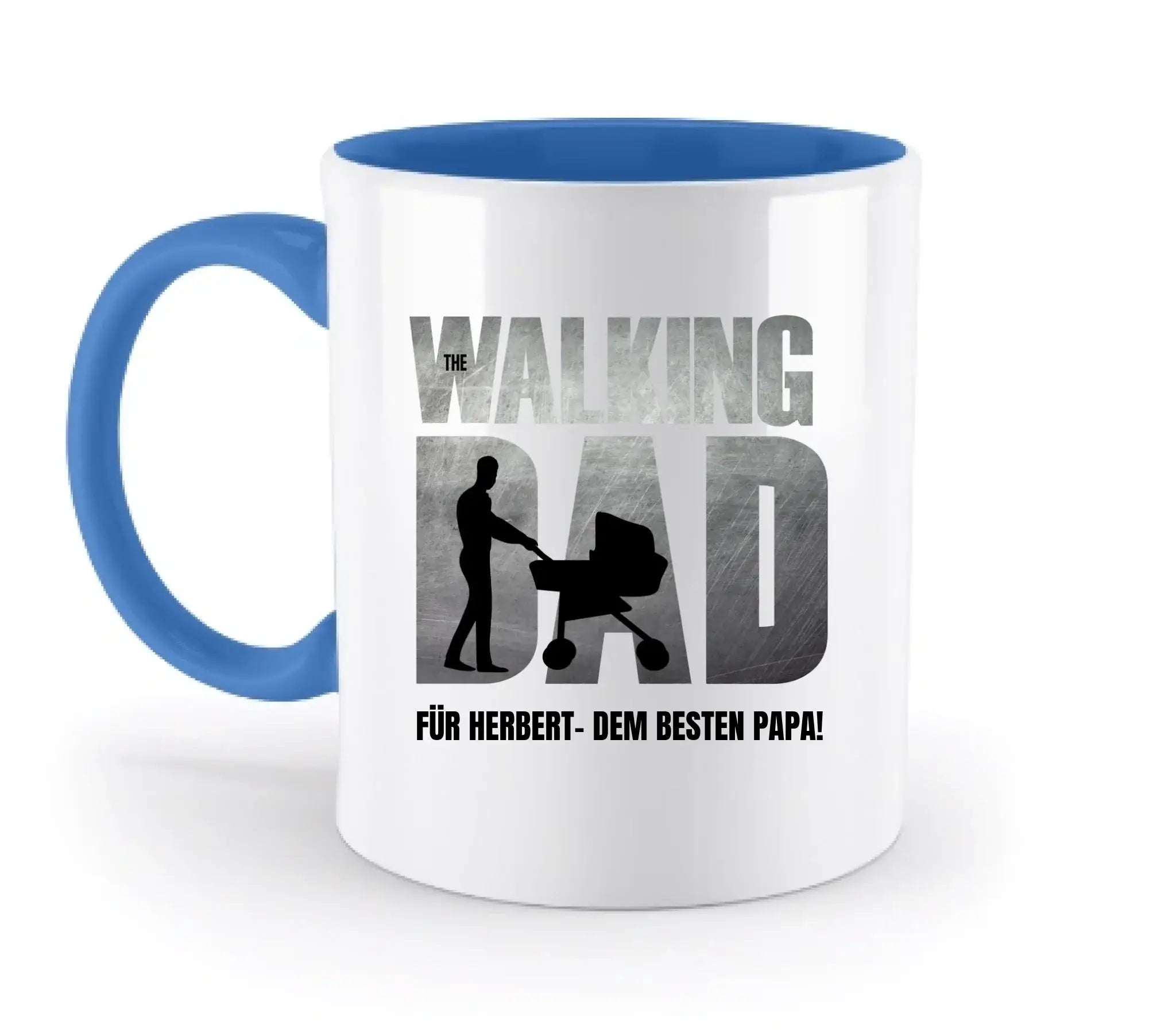 Weißes keramikmug mit blauem griff und innen, design dad mit kinderwagen und deutscher vatertagstext