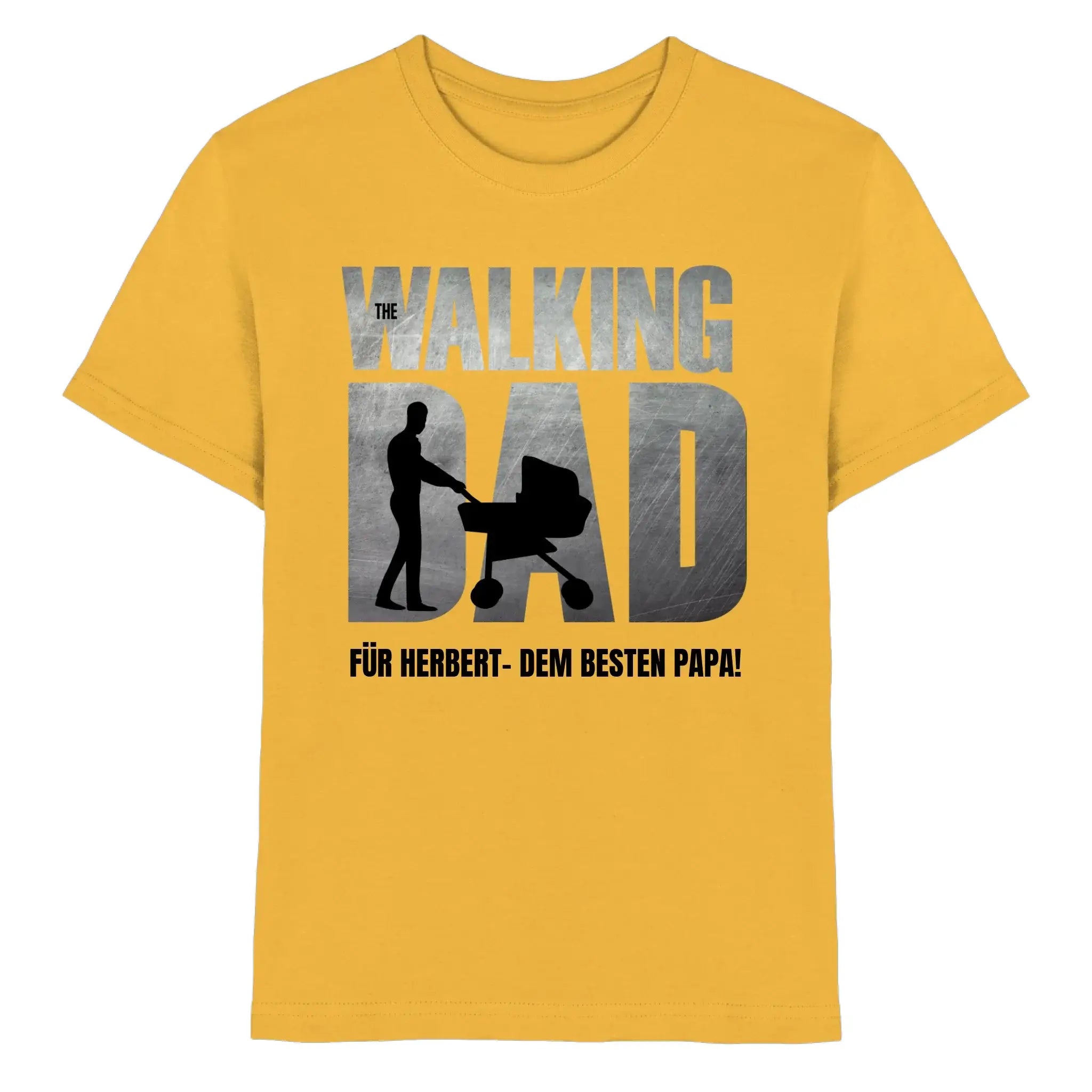 Ein senfgelbes baumwollshirt aus der father galaxy statement-collection mit the walking dad motiv und kinderwagen