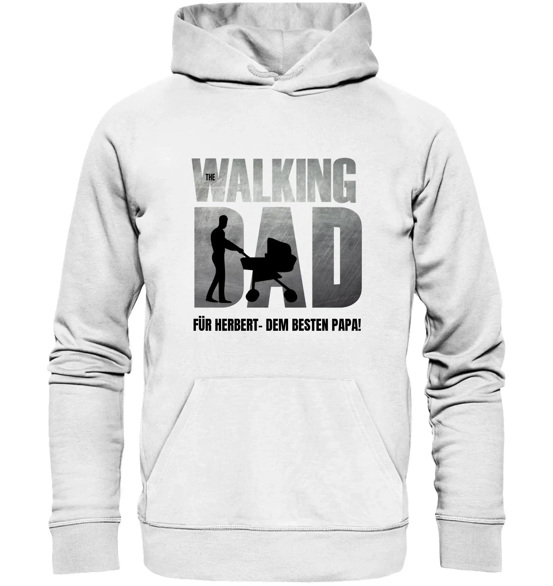 Weißer hoodie mit schwarzem und grauem walking dad motiv und illustration eines mannes mit kinderwagen