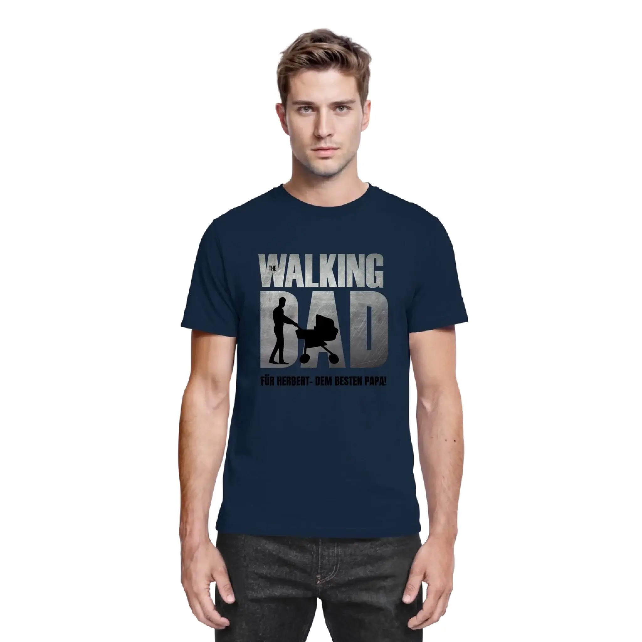 Navyblaues baumwollshirt mit walking dad grafik und vater mit kinderwagen motiv aus der father galaxy vatertag kollektion