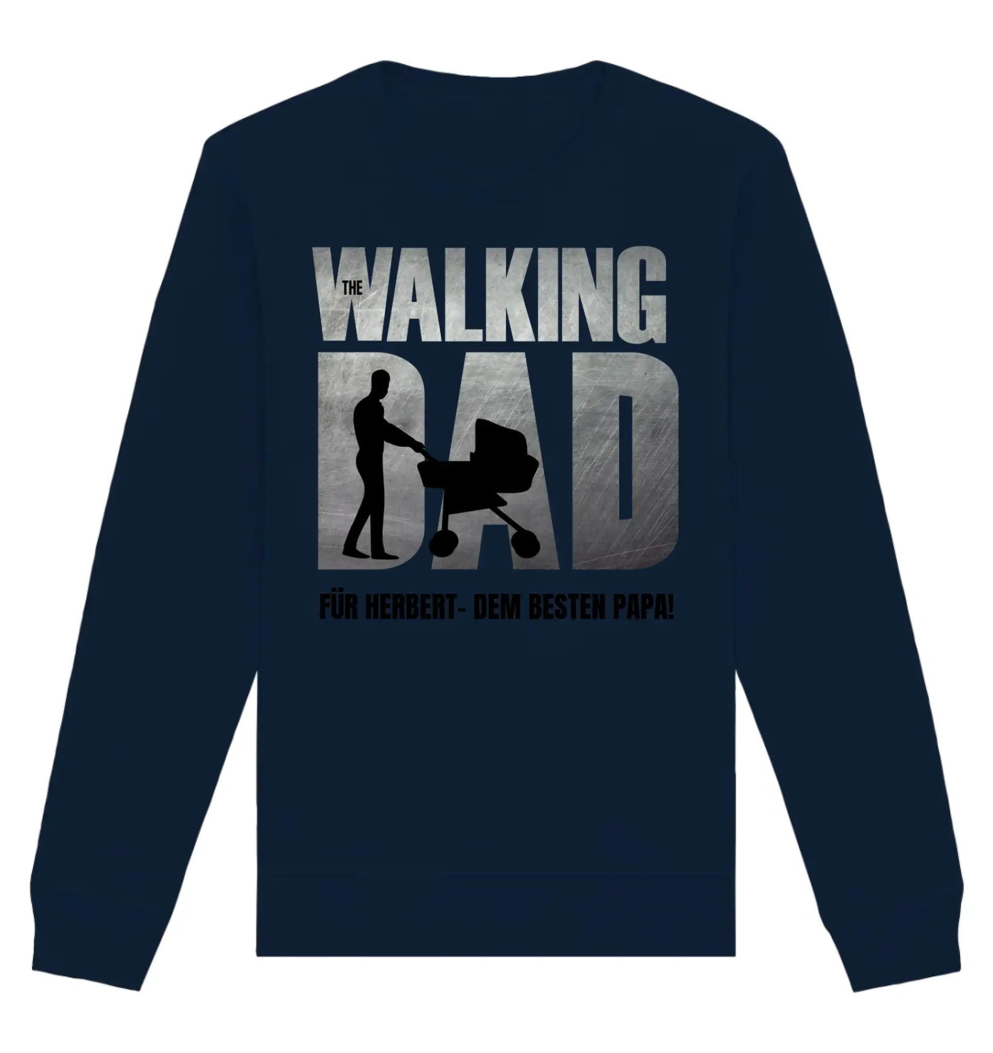 Navyblauer langarm sweatshirt mit the walking dad motiv und mann mit kinderwagen für vatertag von father galaxy