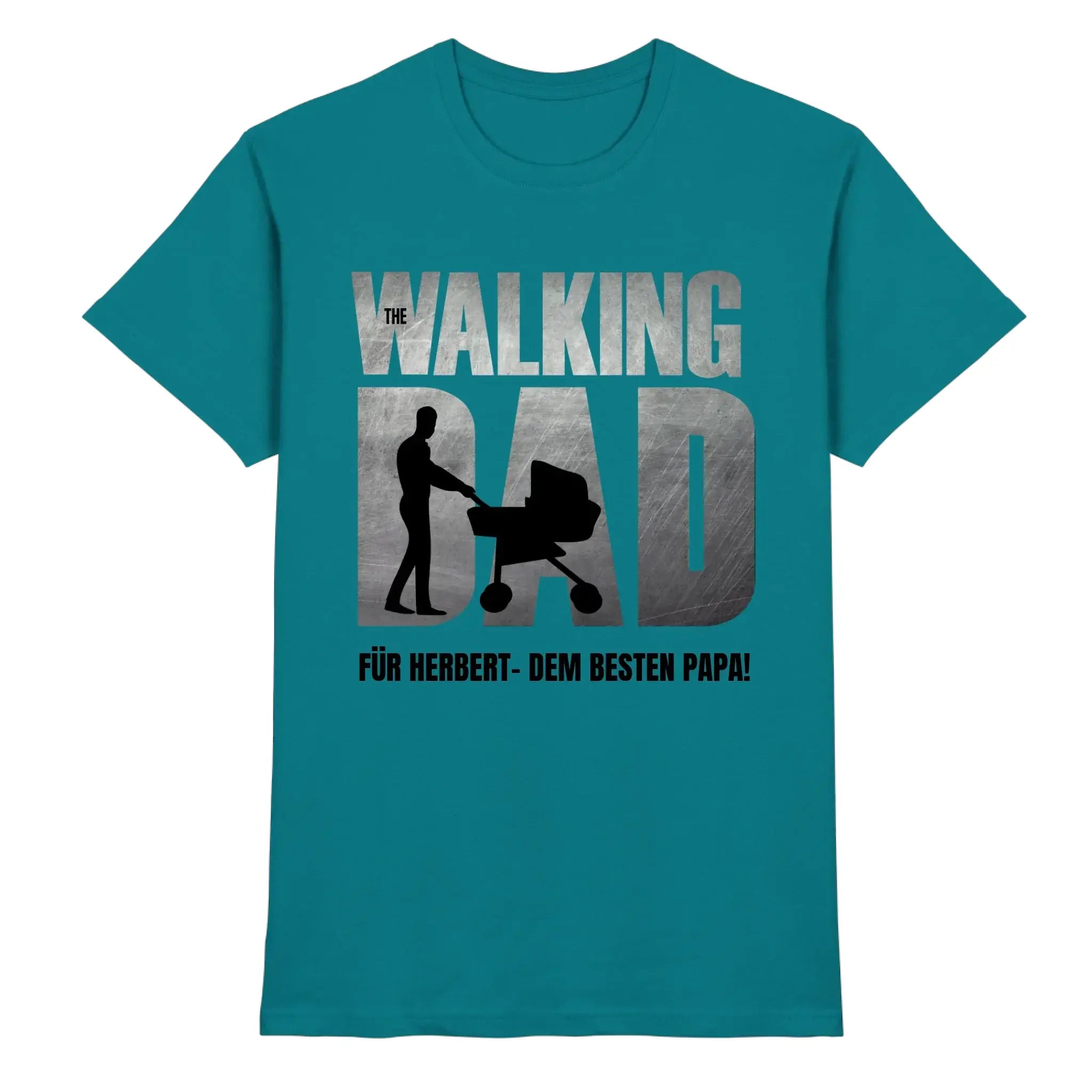 Teal cotton t-shirt mit metallic silber text the walking dad und schwarz silhouette eines mannes mit kinderwagen für vatertag