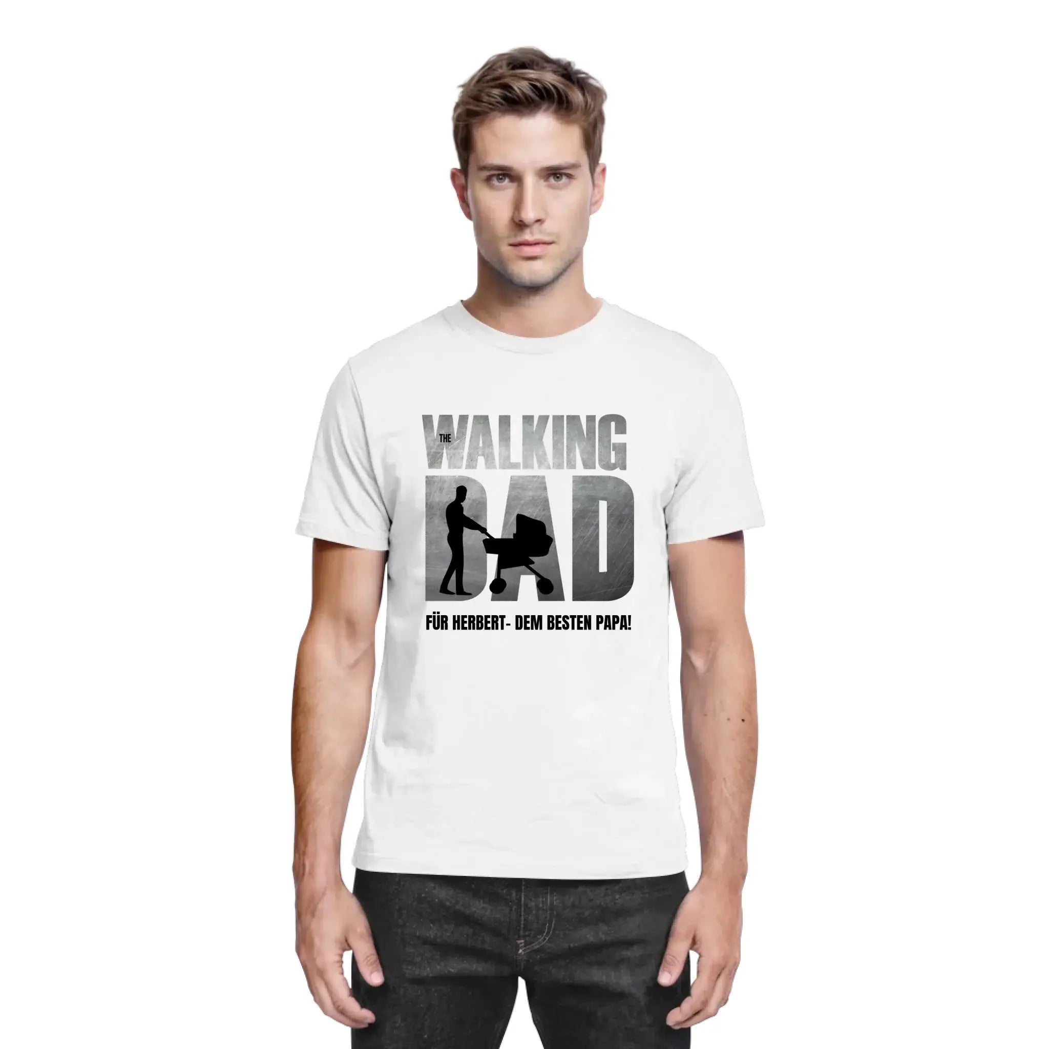 Weißes baumwoll-t-shirt mit grauem und schwarzem grafikdesign the walking dad und text für herbert dem besten papa