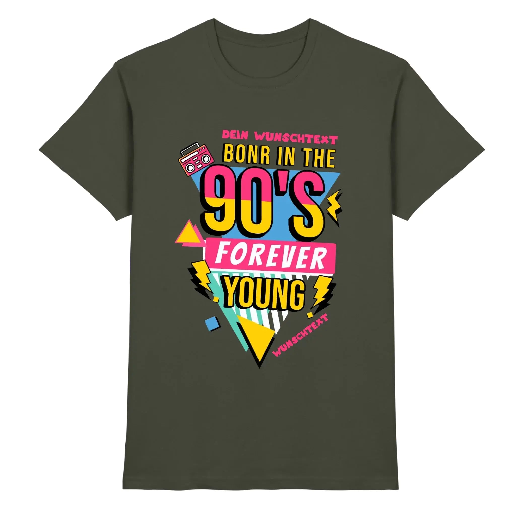 Dunkelolivgrünes baumwollshirt mit buntem 90er jahre boombox grafik und retro text aus der statement collection