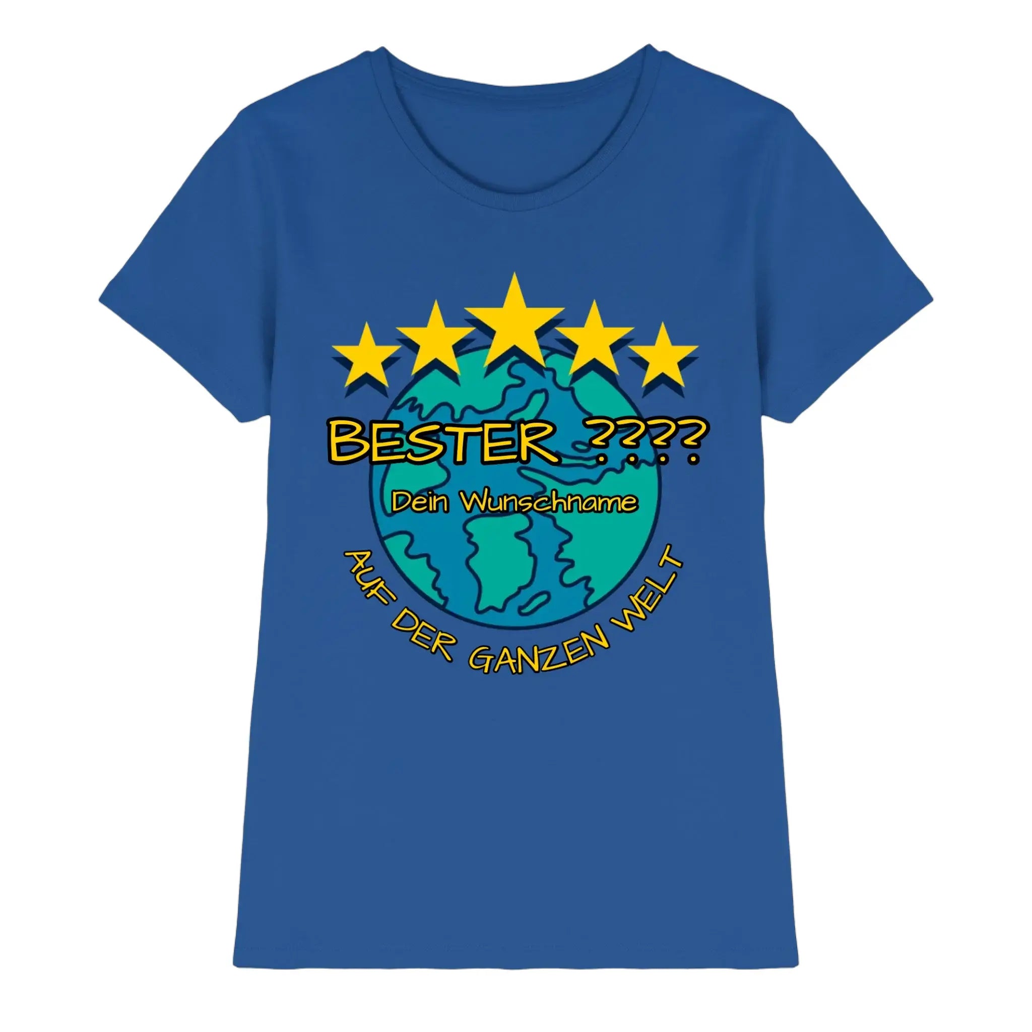Blaue damen t-shirt mit globe grafik, fünf gelbe sterne und fettem deutschem text aus der 5 sterne statement-collection