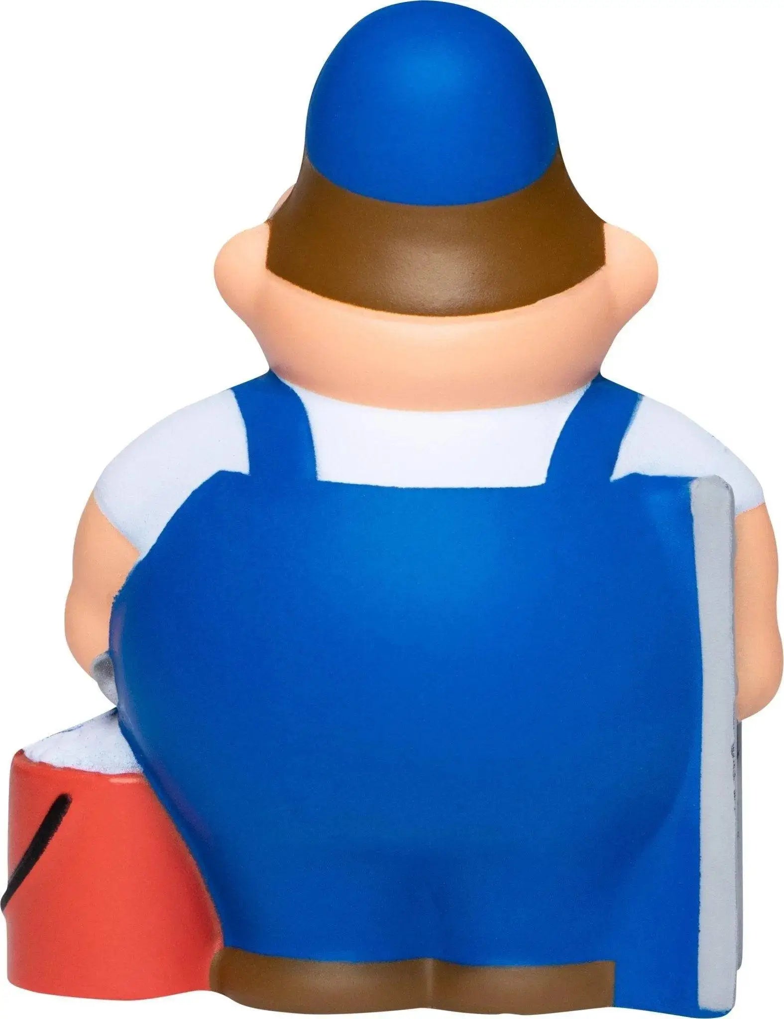 Blau-braune plastik-anti-stress-quetsch-figur fensterputzer bert mit blauer mütze und pinsel in överall