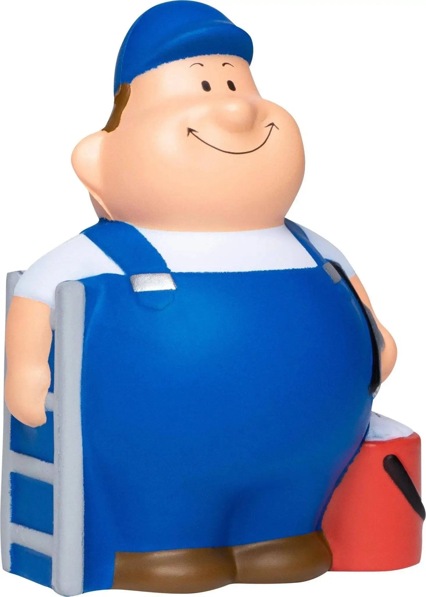 Blaue cartoon-fensterputzer bert anti-stress-quetsch-figur mit leiter und rotem werkzeugkasten in blauer latzhose und cap