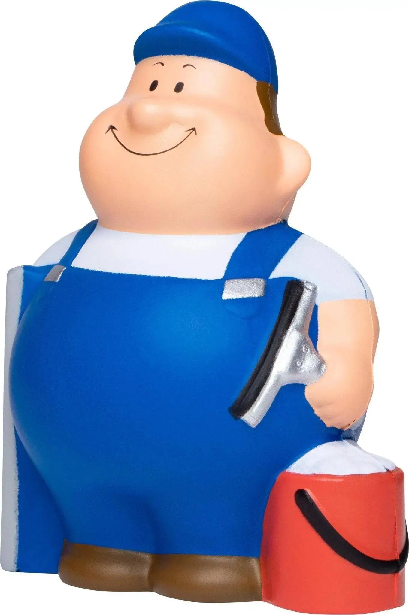 Blaue plastik-figur fensterputzer bert mit blauer arbeitskleidung und rotem eimer als stresskiller spielzeug