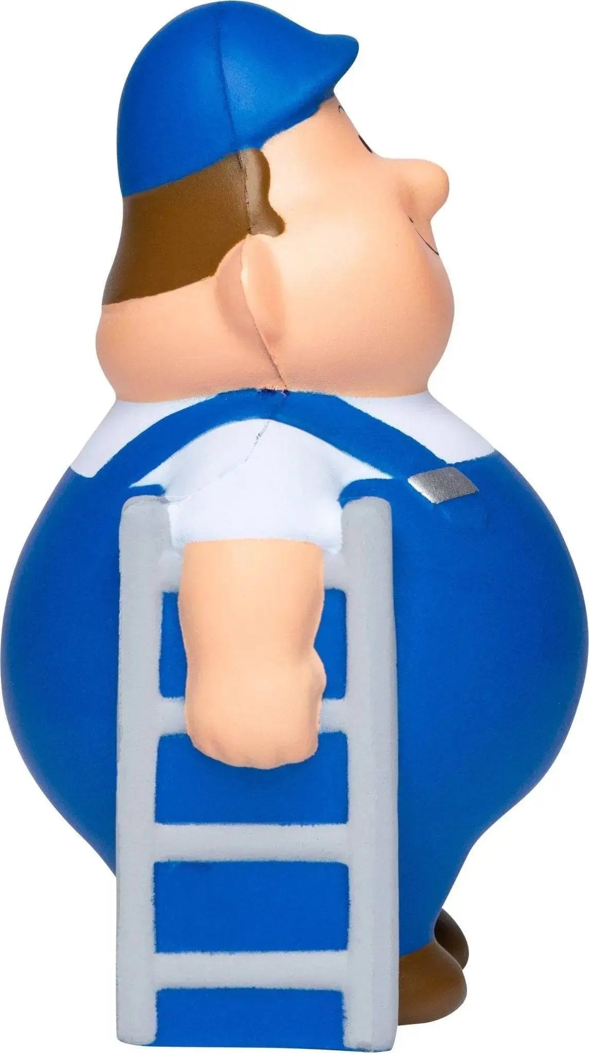 Blau weiße cartoonfigur fensterputzer bert mit blauer mütze braunen haaren und overalls als anti stress figur
