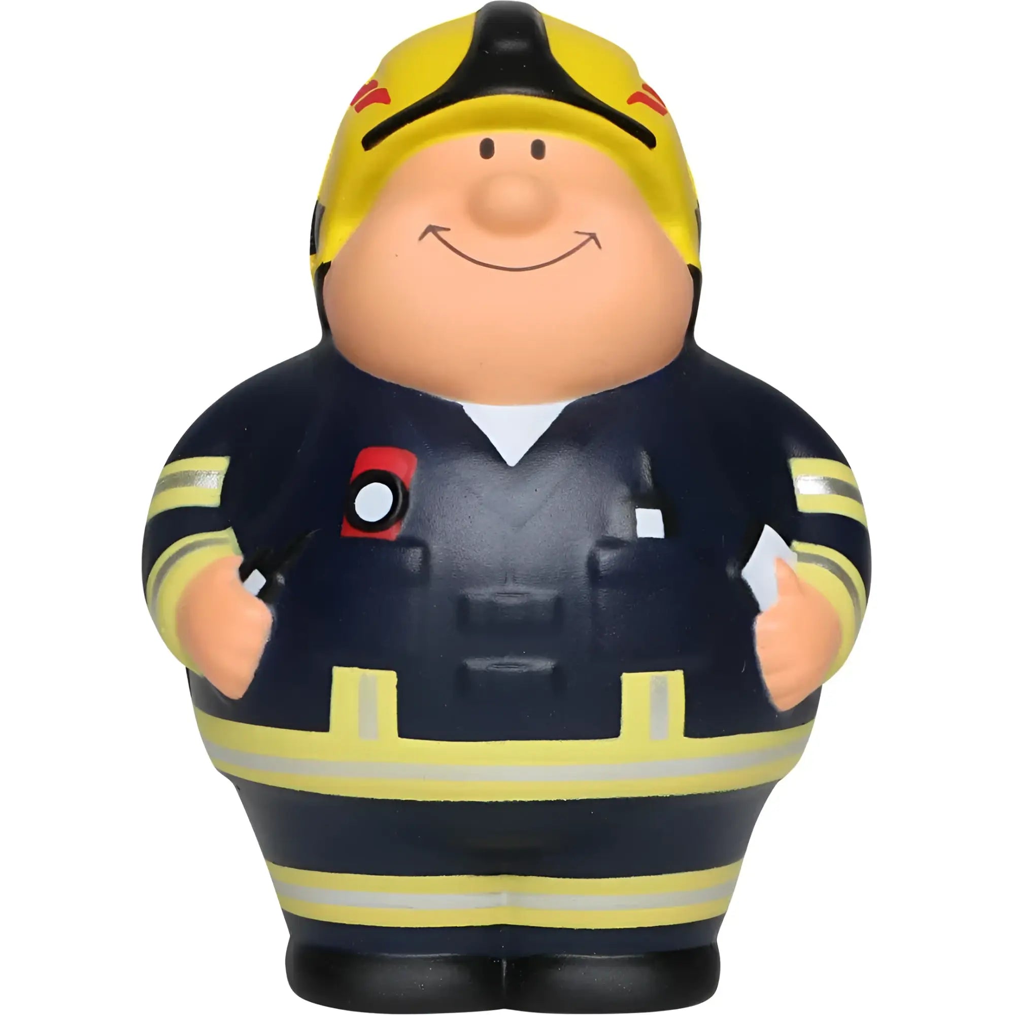 Gelbe und schwarze feuerwehrfigur feuer bert 2.0 mit helm und reflektierenden streifen als anti-stress-figur