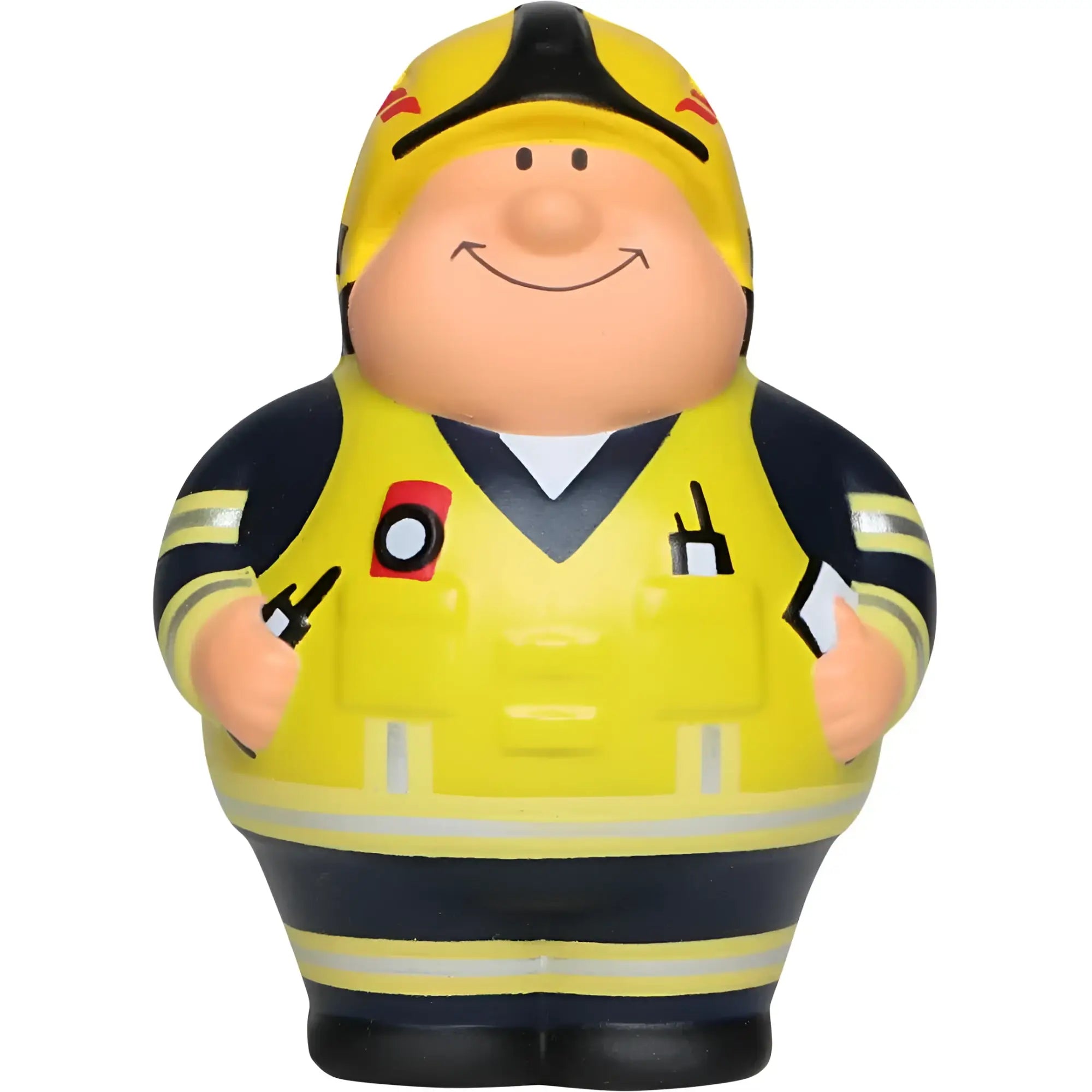 Gelbe und schwarze feuerwehrfigur feuer bert 2.0 mit helm und reflektierenden streifen als anti-stress-figur