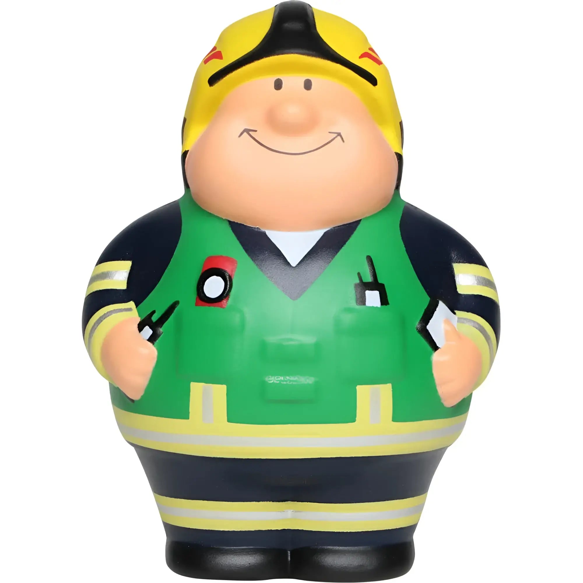 Eine fröhliche, pummelige feuerwehrmann-figur mit gelbem helm und grünem weste als feuer bert 2.0 anti-stress-figur zum knautschen