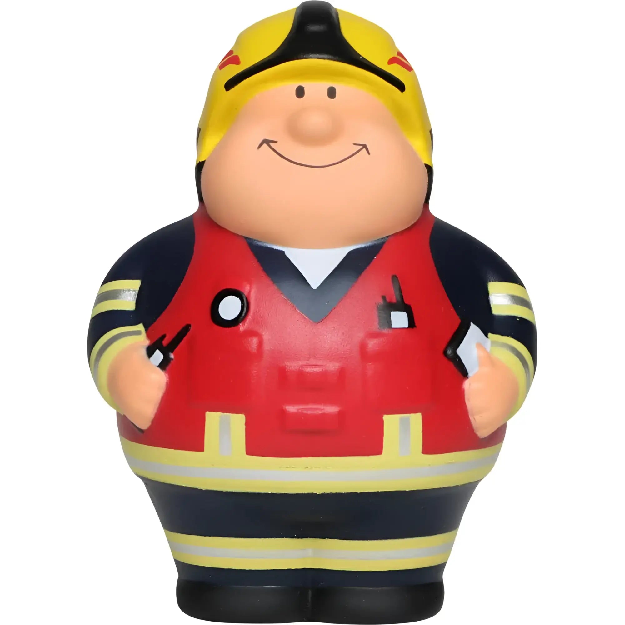 A fröhliche cartoon feuerwehrmann anti-stress-figur feuer bert 2.0 mit gelbem helm roter weste navy uniform