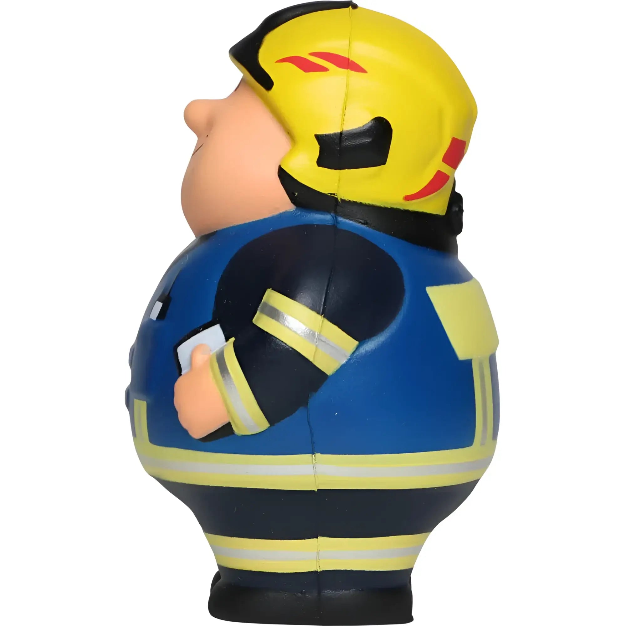 Feuer bert 2.0 feuerwehrmann stressball in gelb und blau mit schwarzem helm und reflektierenden streifen zum knautschen