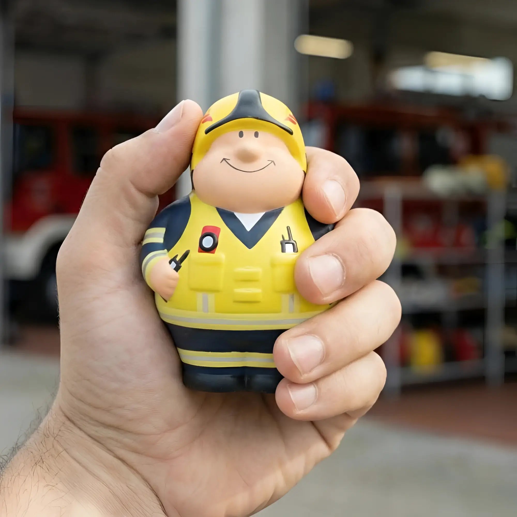 Gelb schwarzer feuerbert 2.0 stressball feuerwehrmann mit helm und uniform als anti-stress knautschenfigur