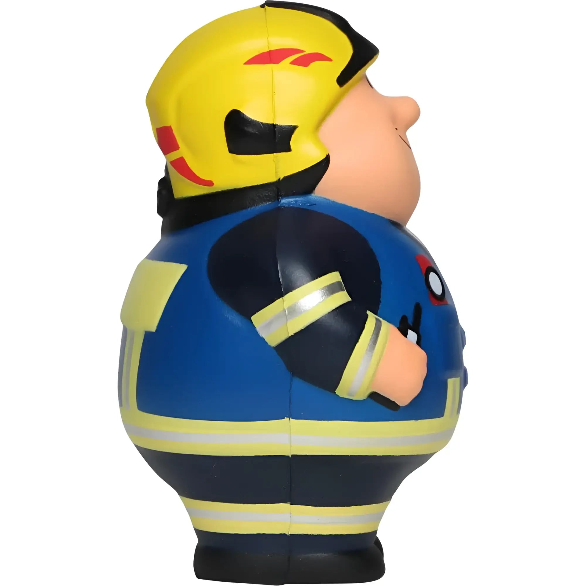 Gelb-blauer feuer bert 2.0 feuerwehrmann stressball mit schwarzen akzenten und reflektierenden streifen zum knautschen