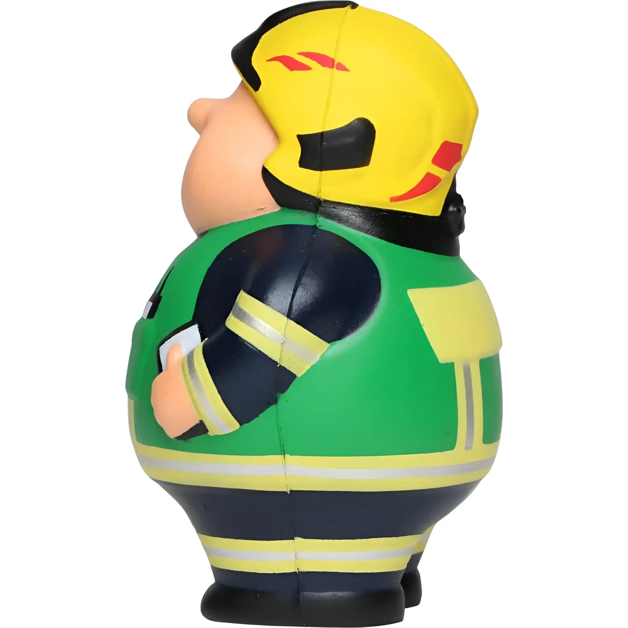 Feuer bert 2.0 chubby feuerwehrmann figur mit gelbem helm grünem uniform und reflektstreifen als anti-stress spielzeug