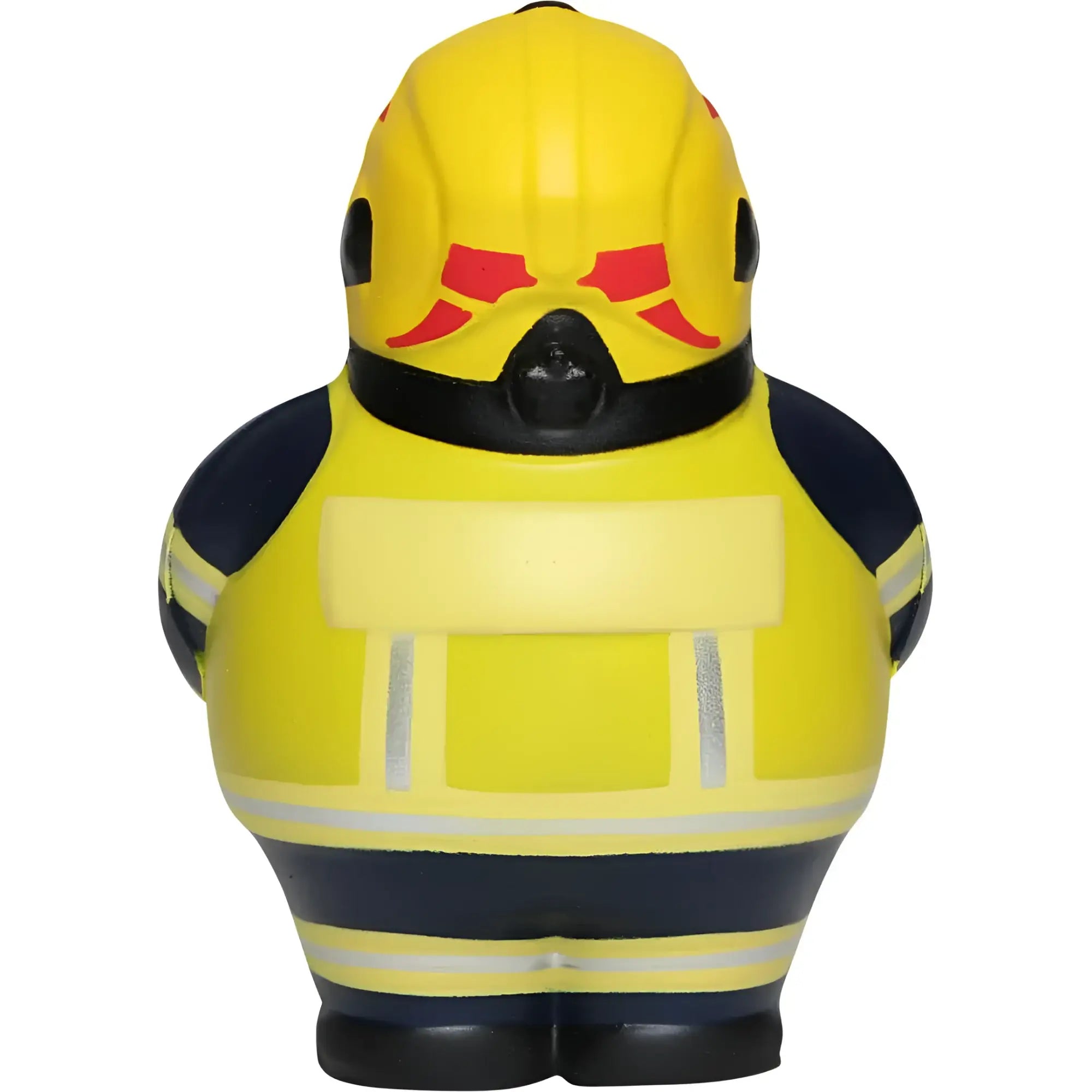 Gelbe und marineblaue feuerwehrmann-feuerwehr-ente mit roten helm-markierungen als anti-stress-figur