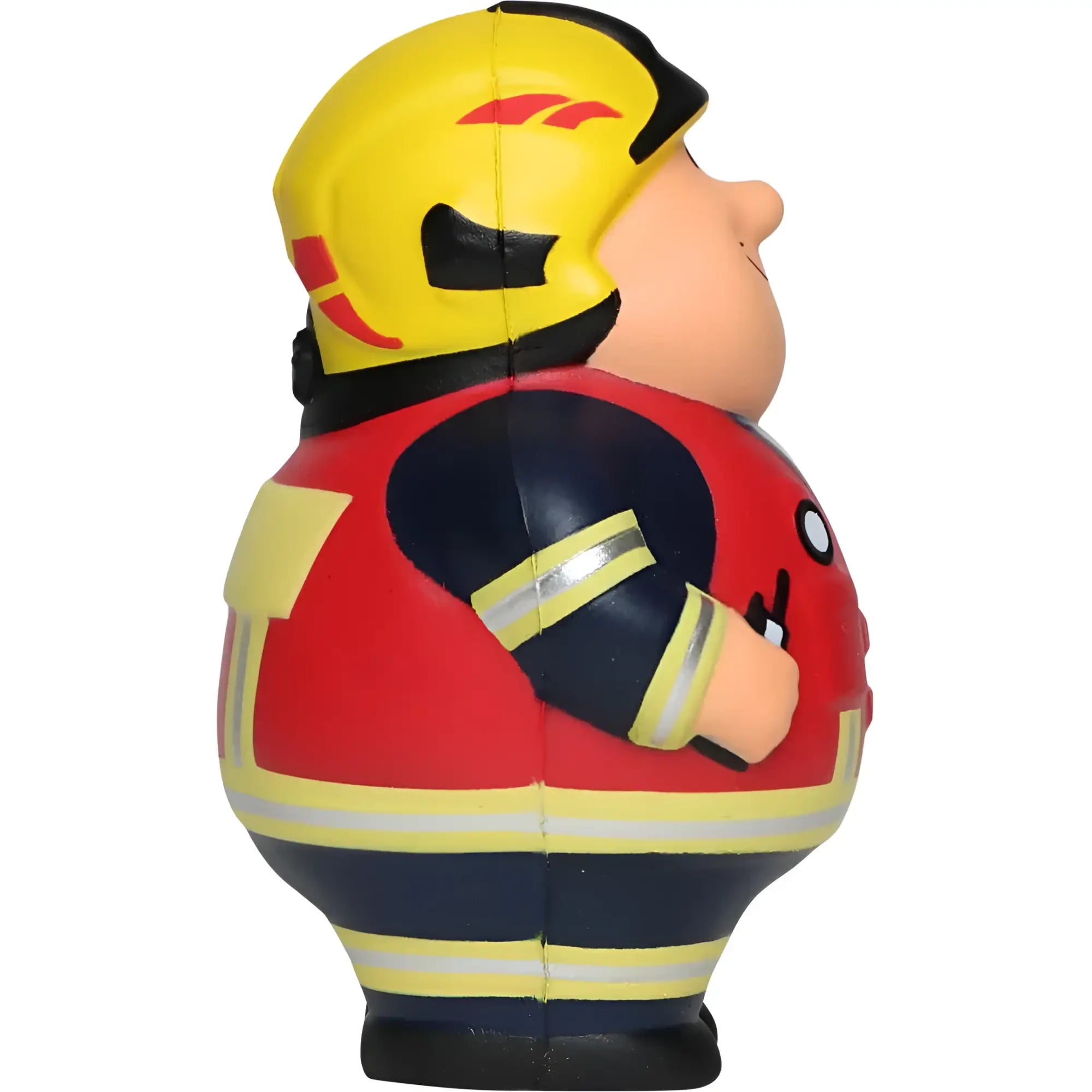 Gelber und roter feuerwehrmann stressball feuer bert 2.0 mit schwarzen akzenten und reflektierenden streifen