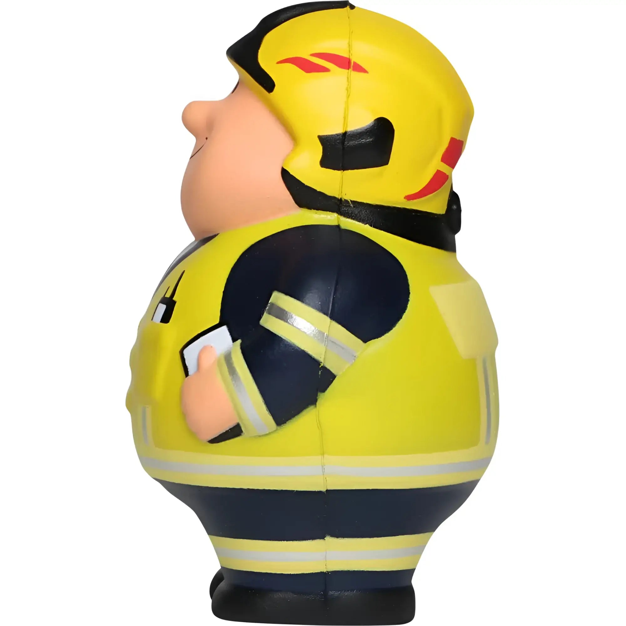 Feuer bert 2.0 feuerwehrmann stressball in gelb und navy mit roten helmakzenten zum knautschen