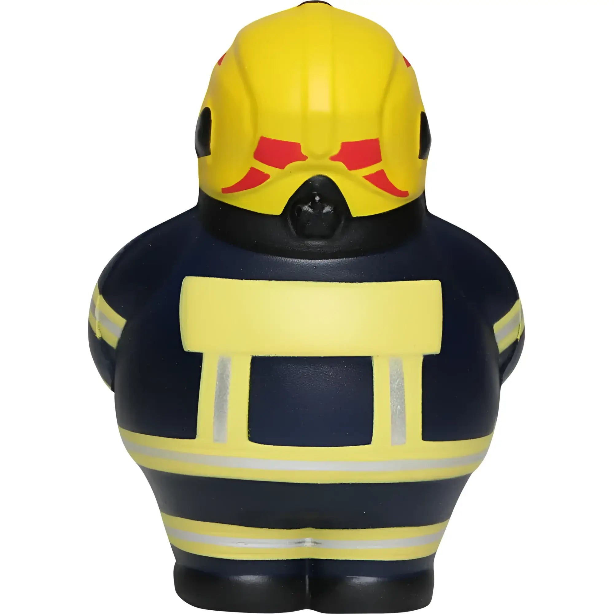 Gelbe und marineblaue feuerwehrmann gummiente feuer bert 2.0 mit roten helm markierungen als anti stress figur zum knautschen