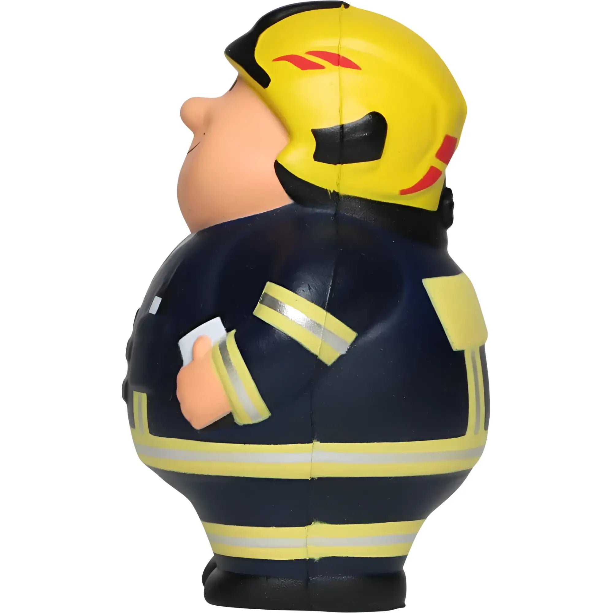 Feuer bert 2.0 feuerwehrmann stressball in gelb und schwarz mit reflektierenden gelben streifen auf marineblauer uniform