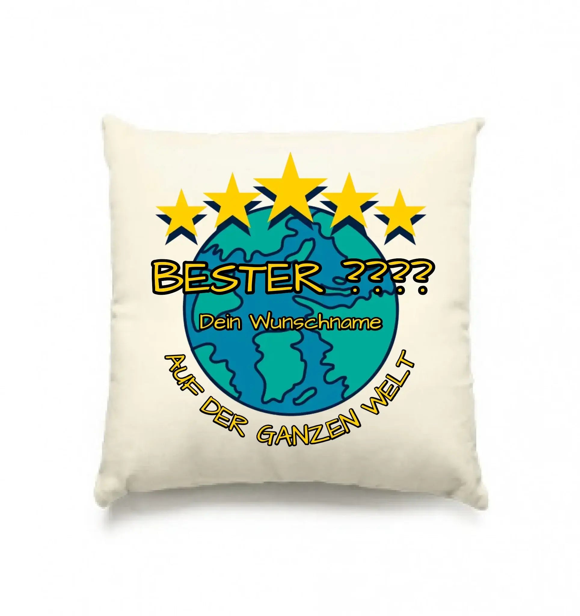 Cremefarbene cushions mit cartoon erdkugel und fünf gelben sternen plus text bester dein wunschname auf der ganzen welt