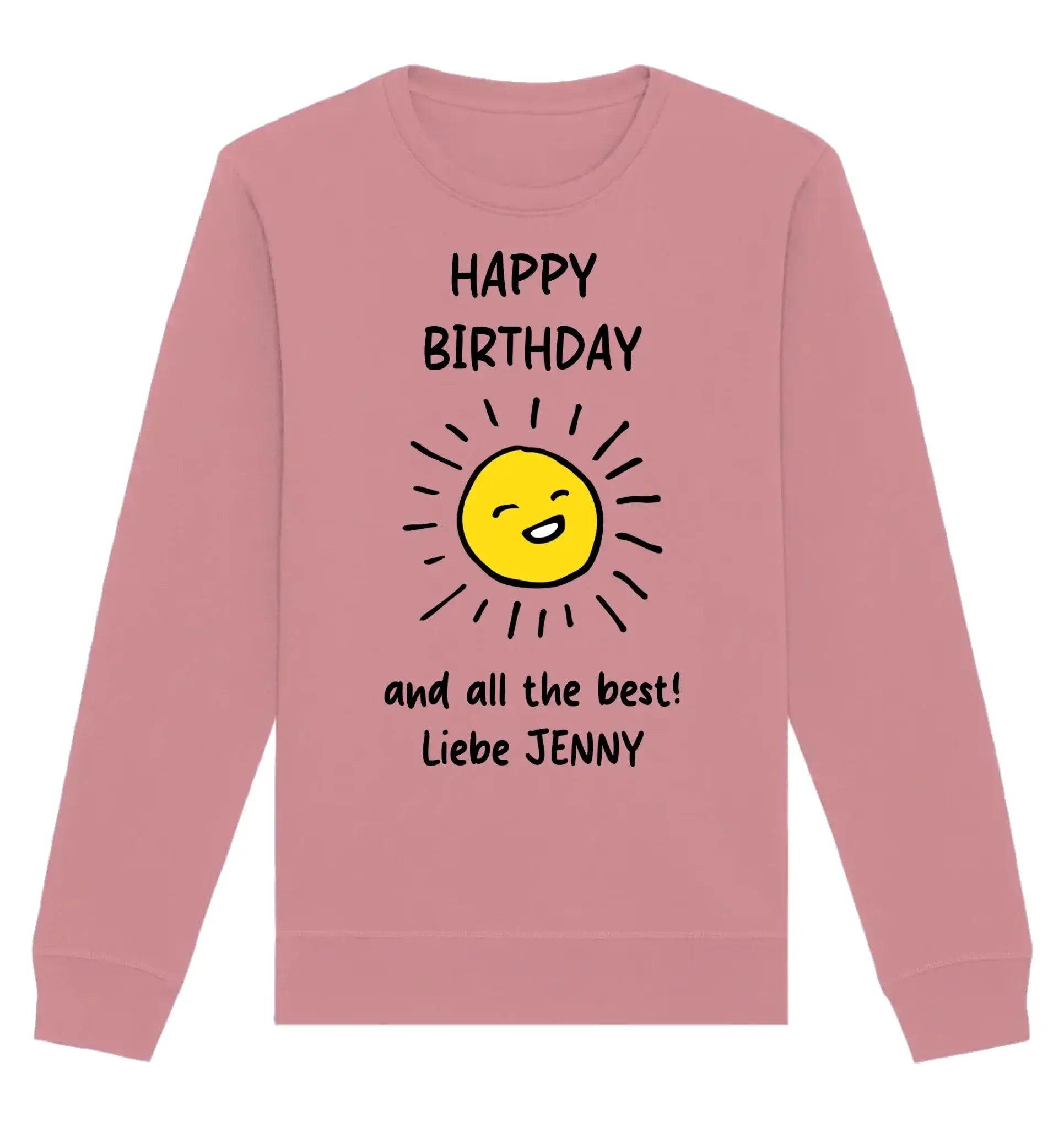 Rosa sweatshirt langarm mit fröhlicher gelber sonne und text happy birthday und all the best liebe jenny geburtstag motiv 2