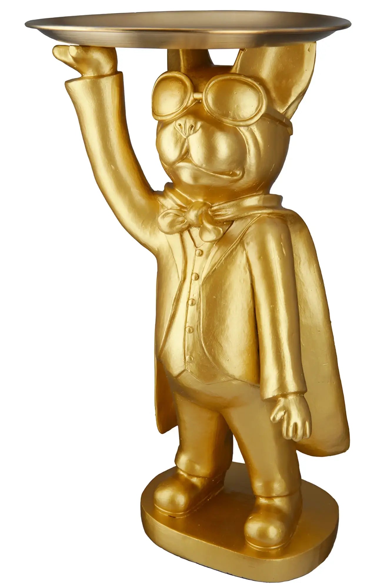 Goldene französische bulldoggenfigur hero dog aus kunstharz in tuxedo und cape mit tablett als diener von gilde