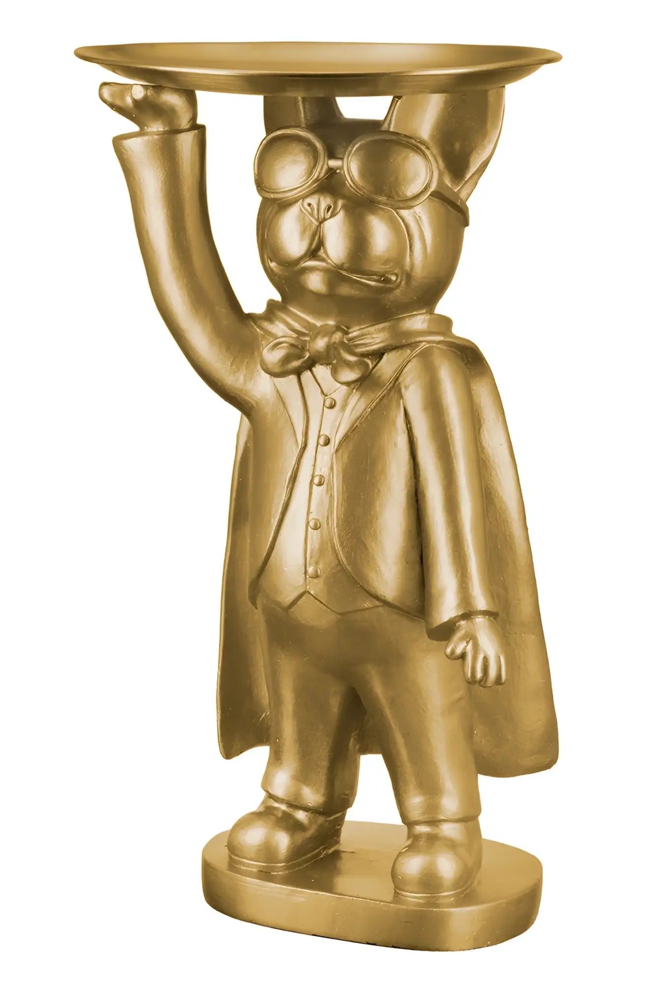 Goldene kunstharzfigur bulldogge hero dog als butler mit goggles und cape hält reich verziertes tablett