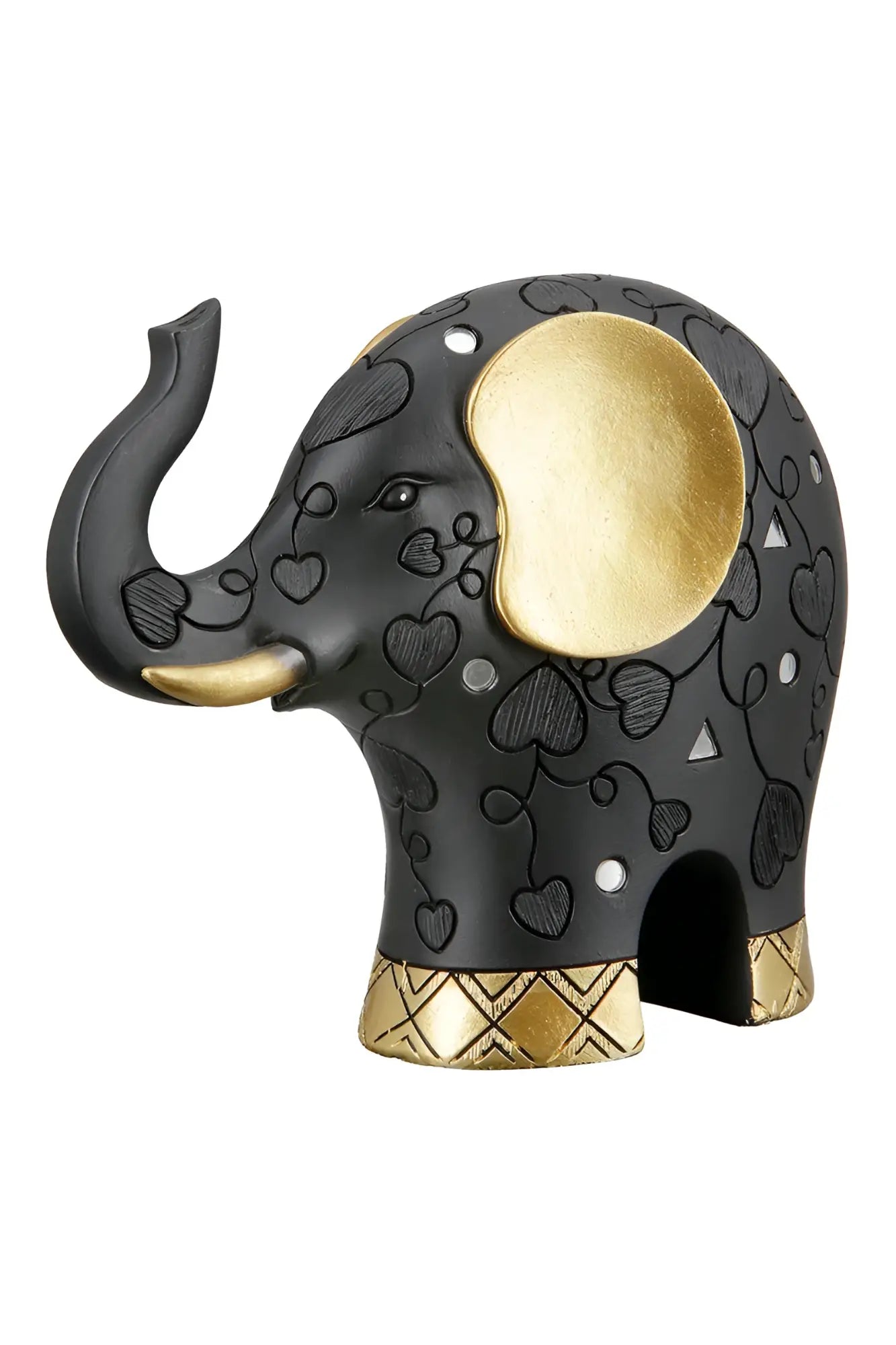 Schwarze kunstharz elefantenfigur ajok mit goldfarbenen akzenten und herz sowie geometrischen mustern von gilde