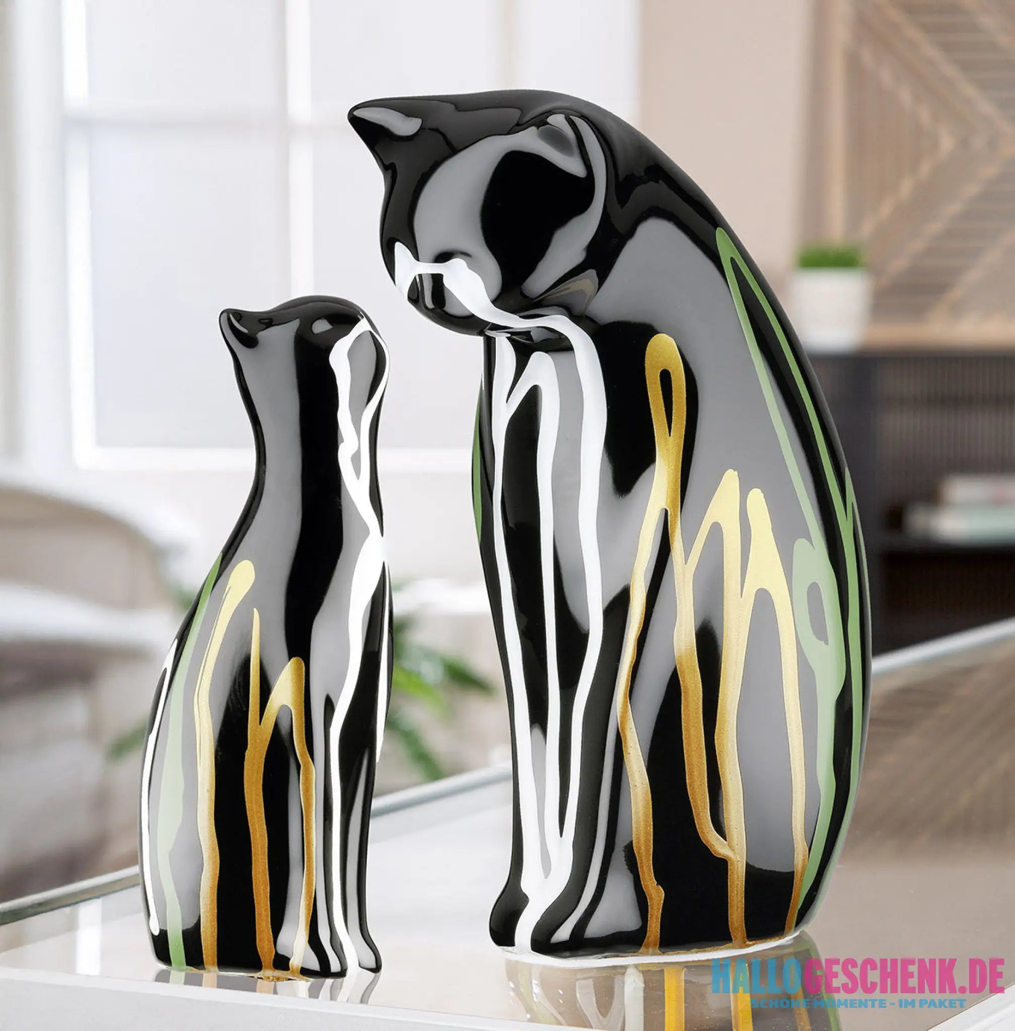 Figur: Katze „Scuro“ – 2-teiliges Set • Keramik • Schwarz • 22x14x8 cm • Gilde - Figur