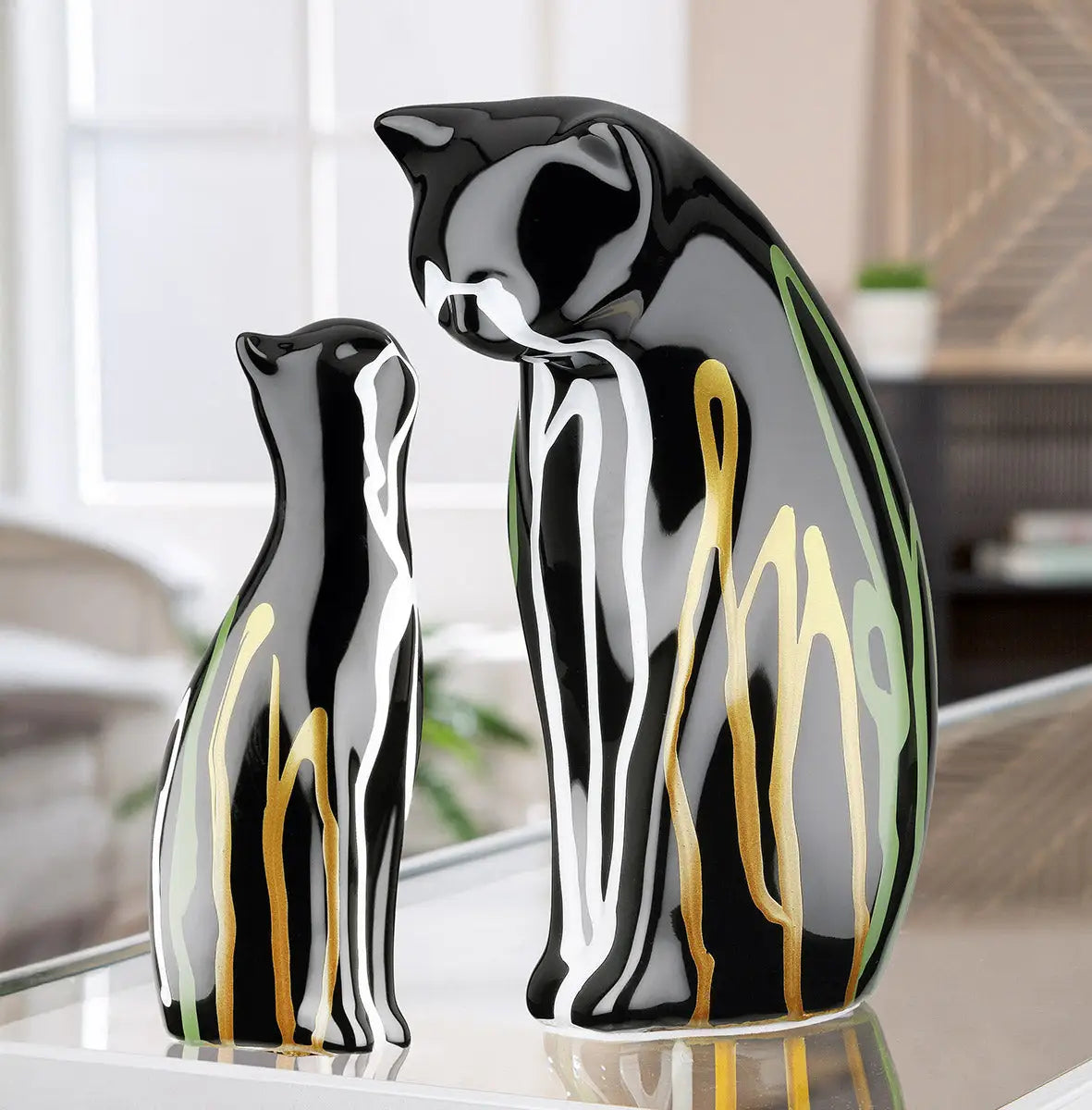 Figur: Katze „Scuro“ – 2-teiliges Set • Keramik • Schwarz • 22x14x8 cm • Gilde - Figur