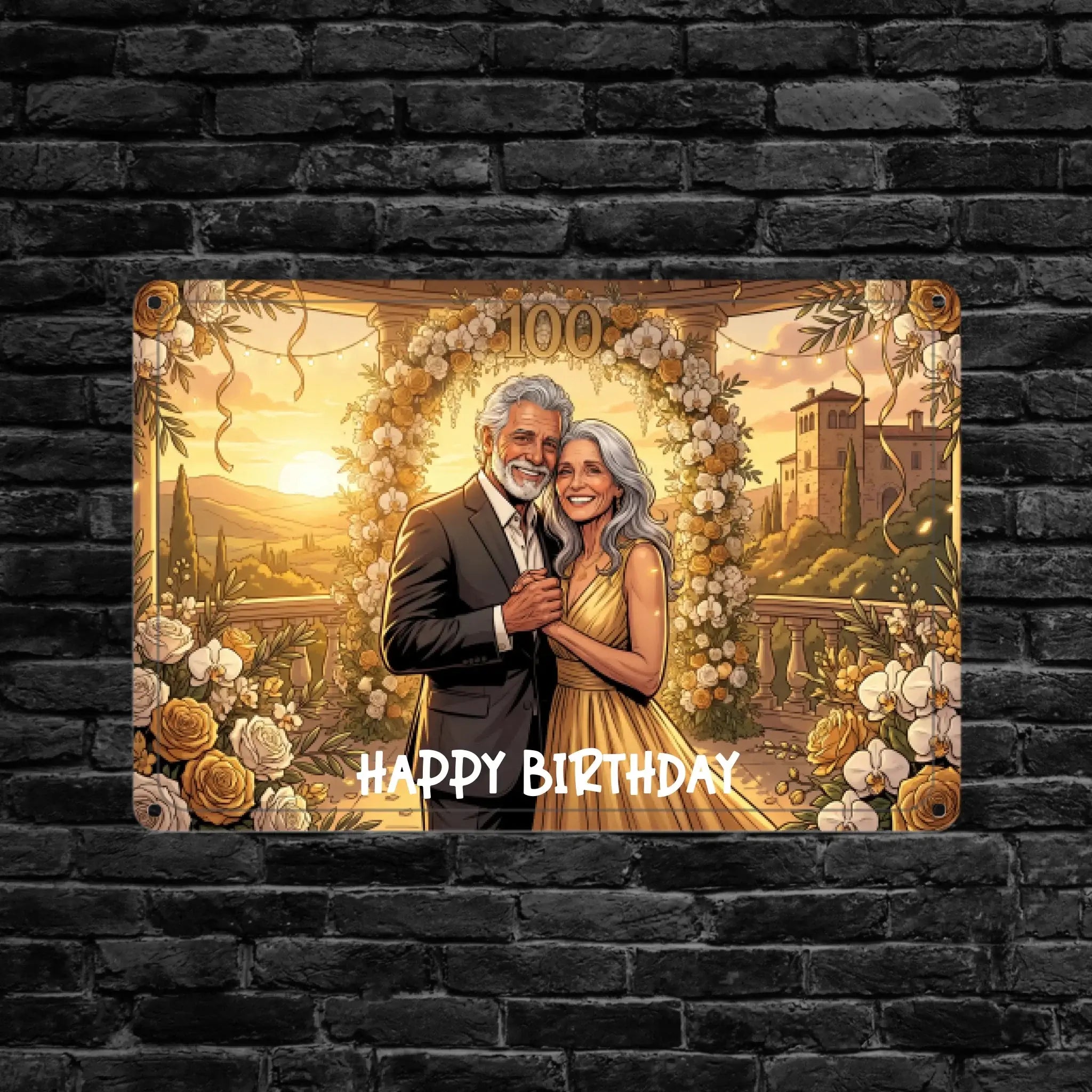 Goldgelbes foto-blechschild mit 100 geburtstag motive, lächelndes älteres paar im formalen stil, personalisiertes fotogeschenk