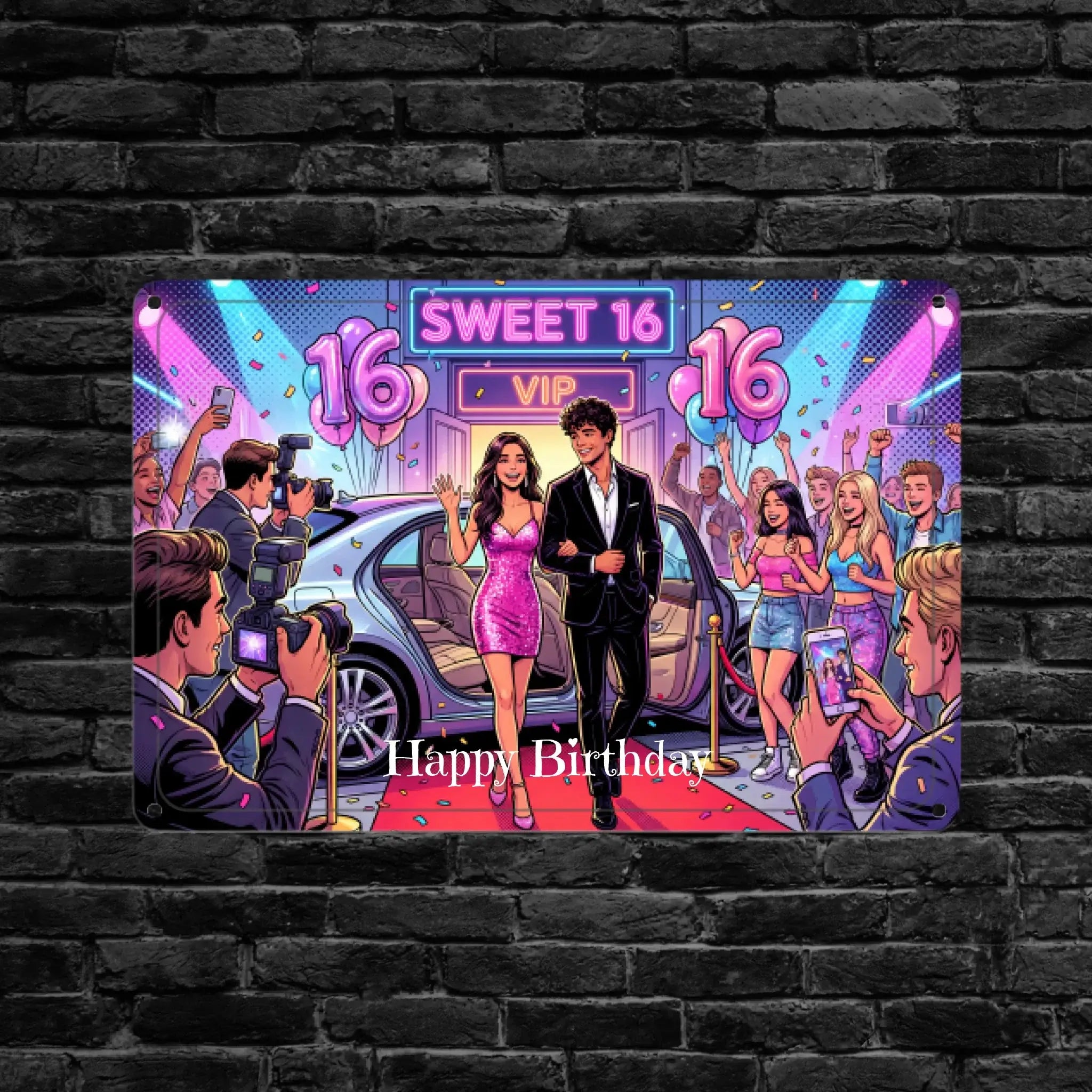 Farbenfrohes neon-pink lila metall-schild foto-blechschild 16 geburtstag sweet 16 mit cartoon-paar und rotem teppich