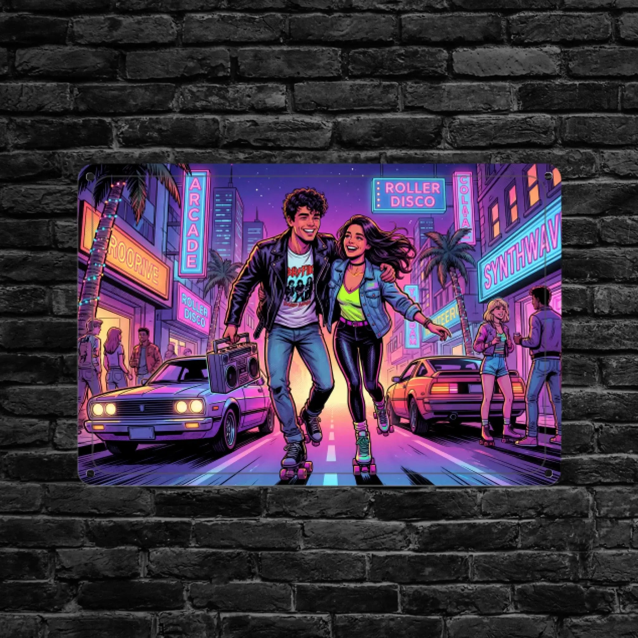 Vibrant neon metall wandplakette mit 80er jahre roller skating motiv und leuchtenden retro auto motiven