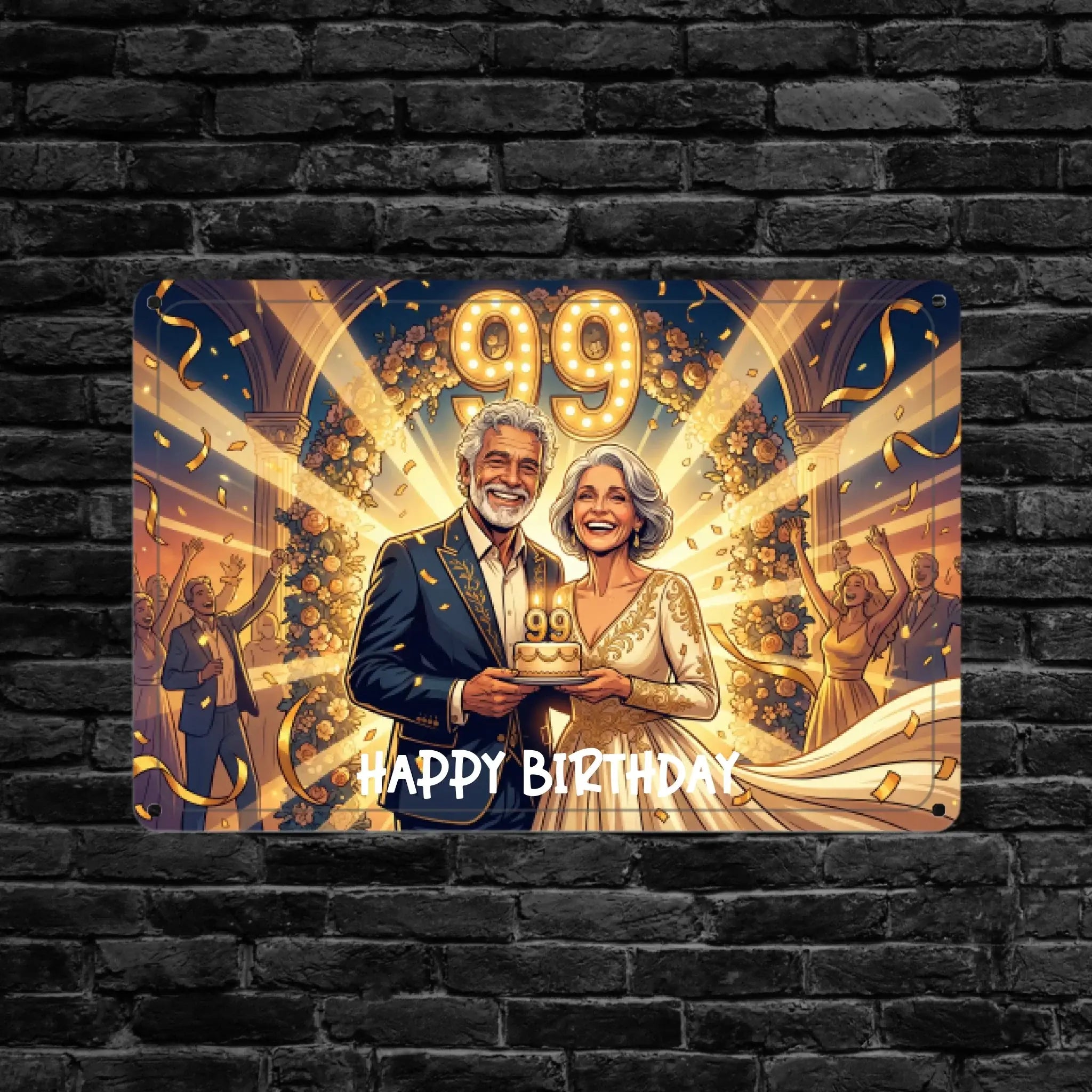 Foto-blechschild 99 geburtstag mit bunter illustration älteres paar hält kuchen auf dunkler metalltafel