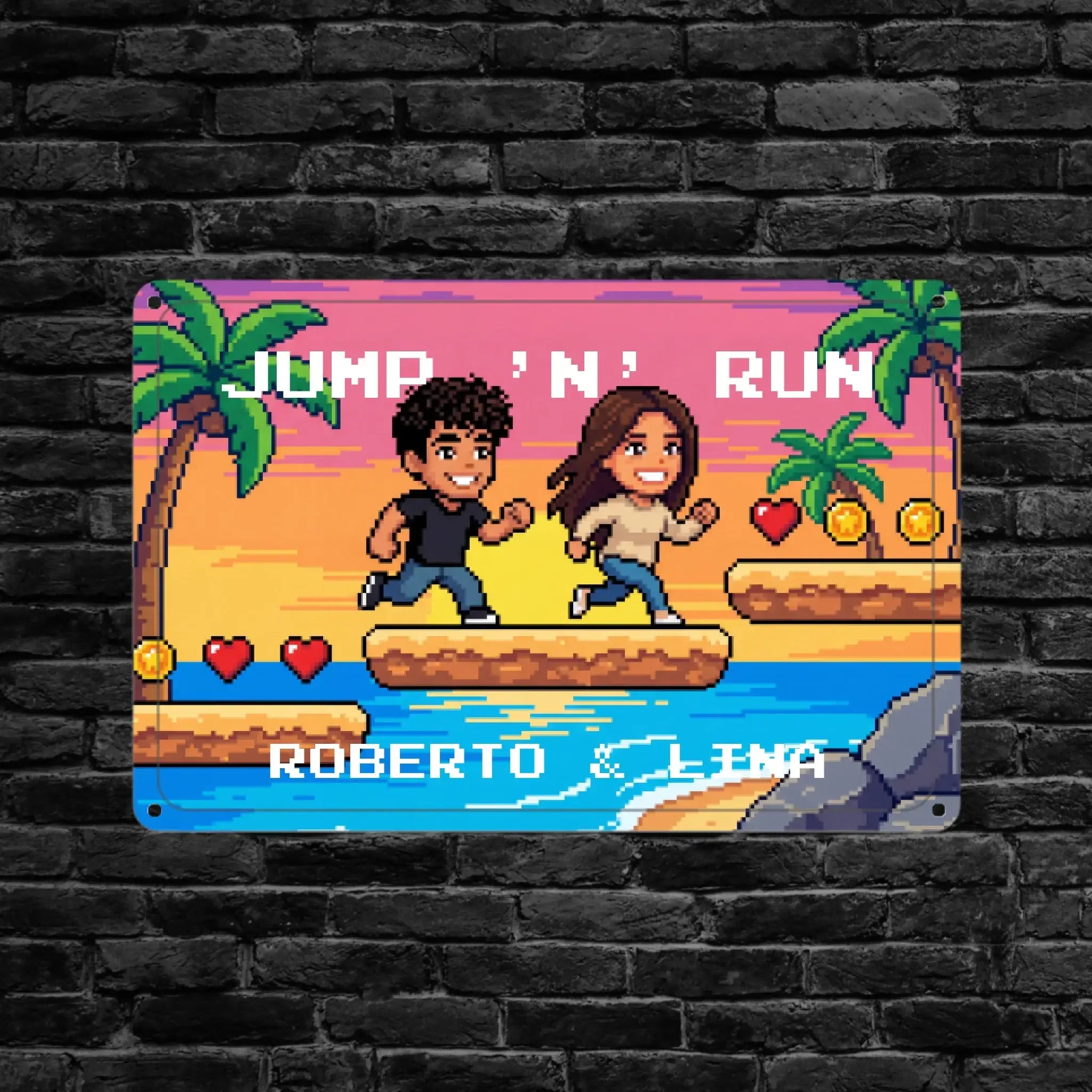 Foto-blechschild jump n run mit pixel-art cartoonfiguren roberto und lina vor tropischem sunset hintergrund