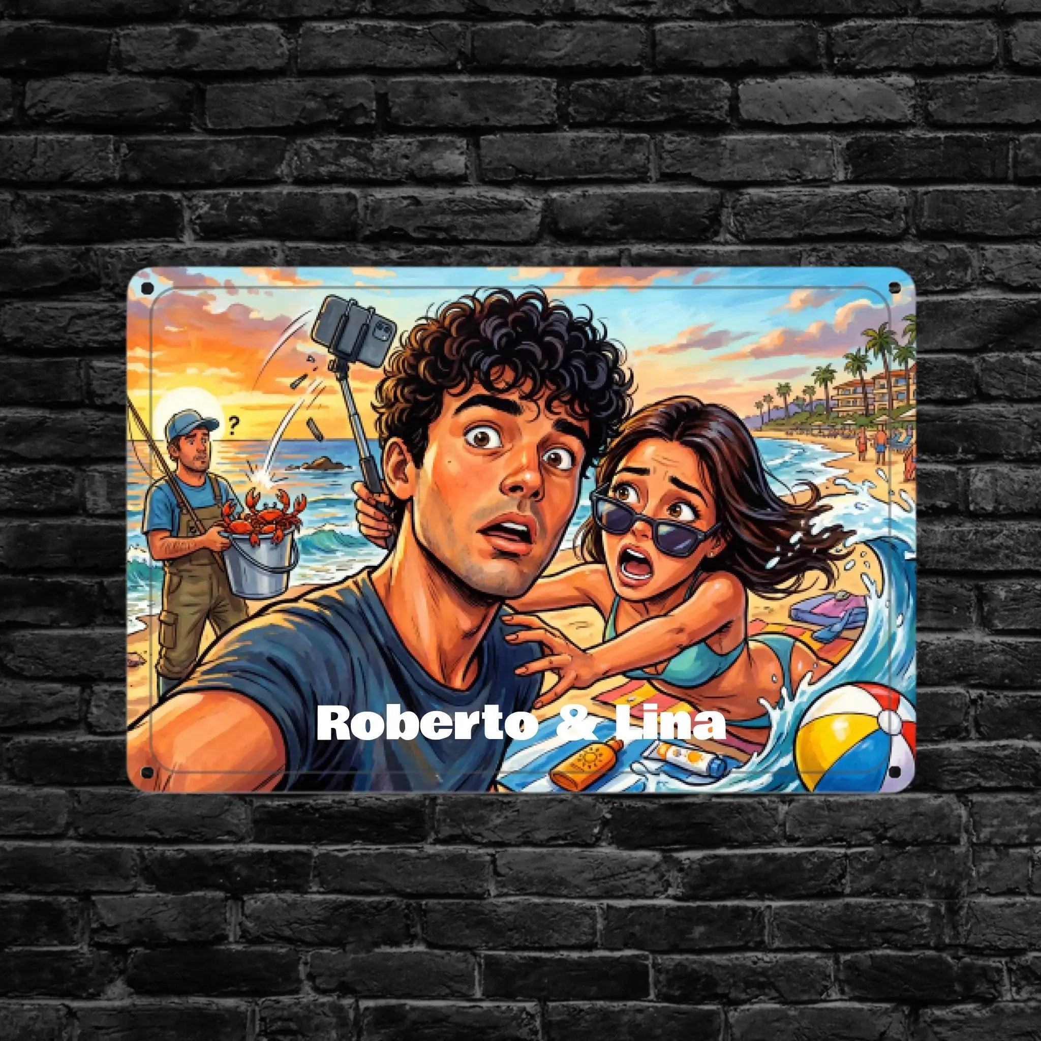 Personalisierte rechteckige metallplatte mit bunter cartoonillustration von couple am strand und roberto & lina unten