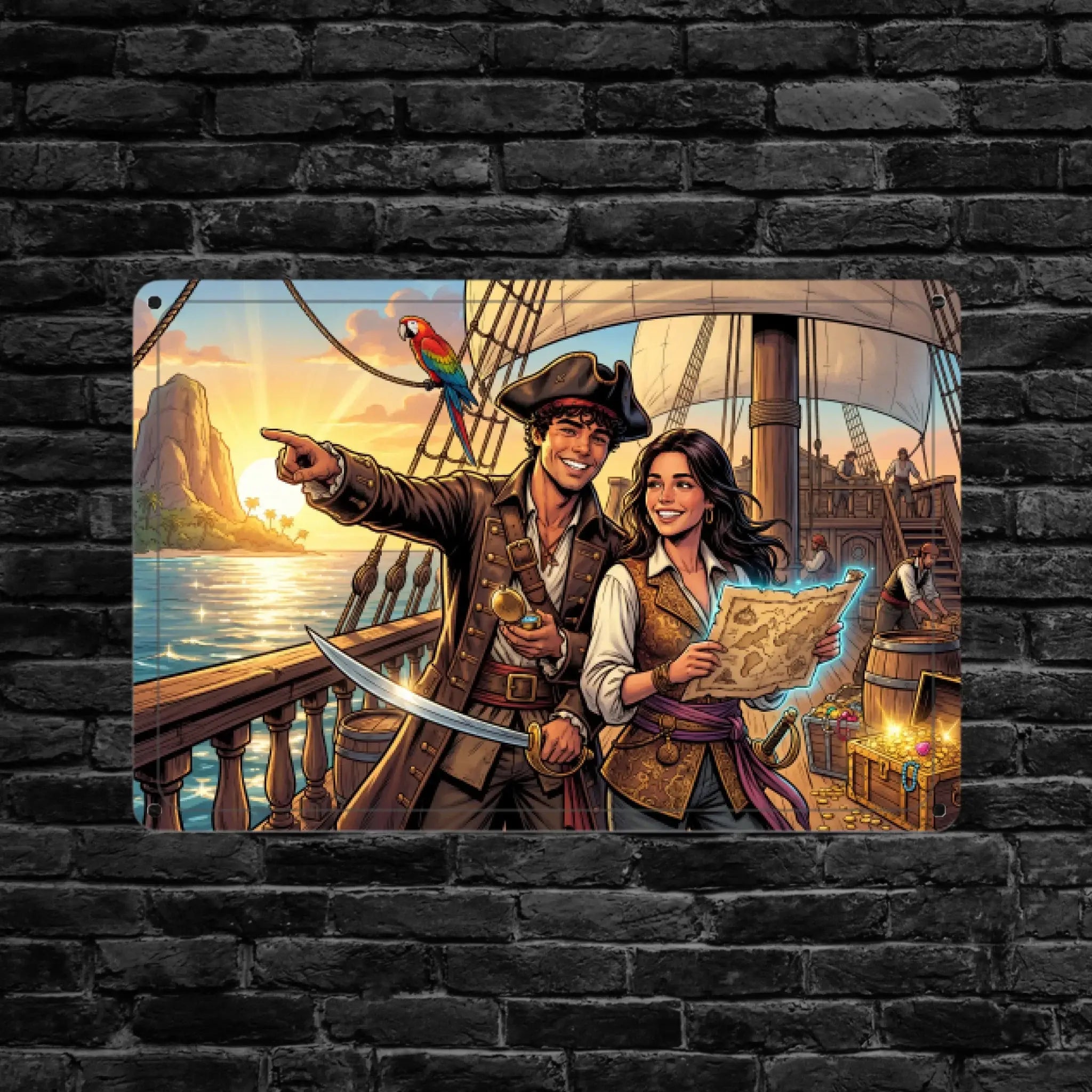 Rechteckiges metallblechschild piraten mit buntem illustration zweier piraten schiff papagei und schatztruhe im sonnenuntergang