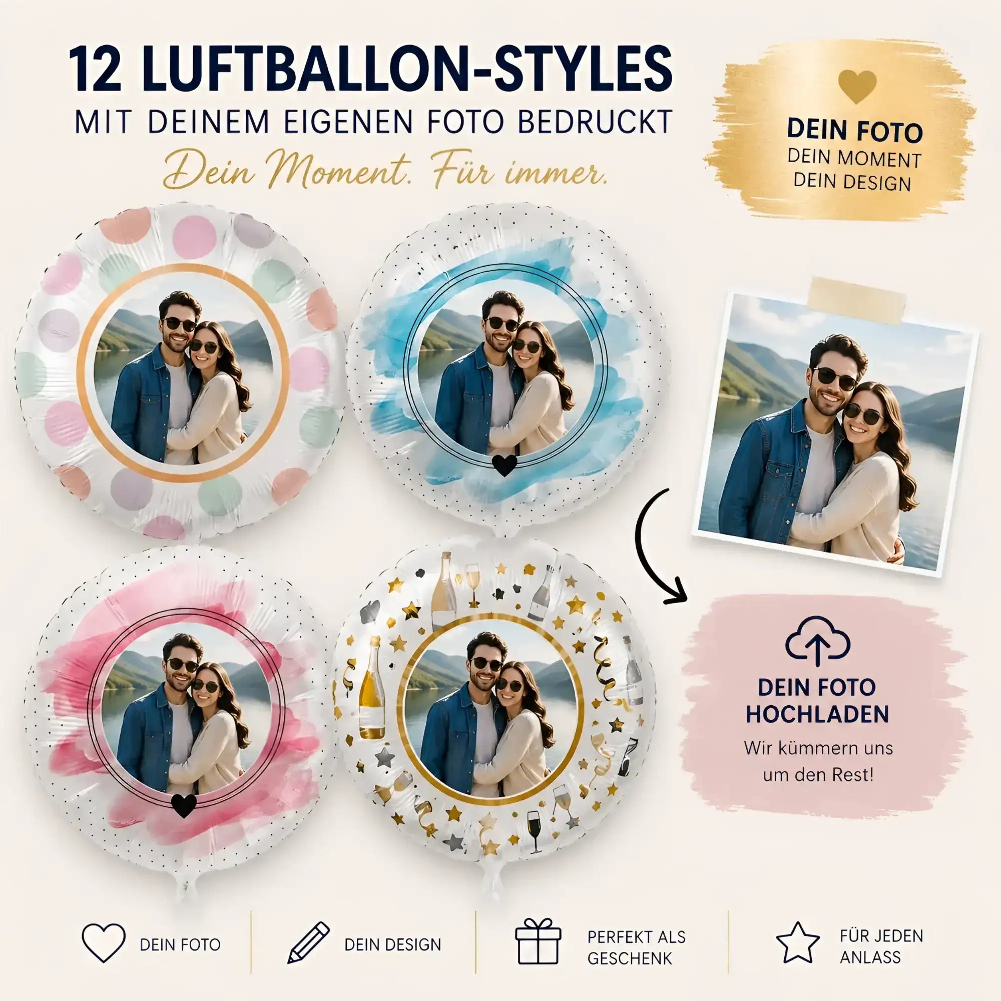 Personalisierte foto-luftballons in pastell und metallic mit paarfotos und dekorativen rahmen 43cm groß